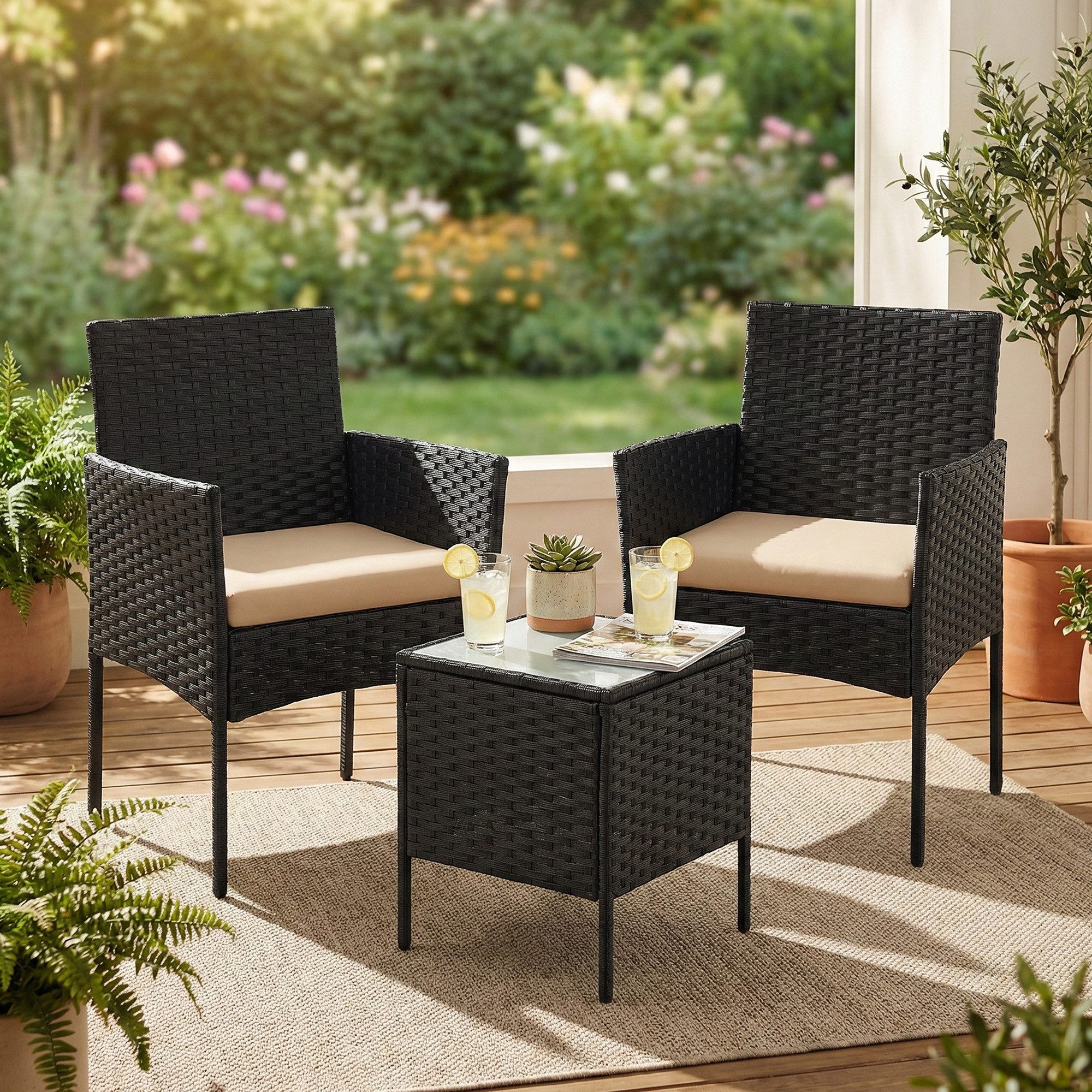 SONGMICS Gartenlounge-Set Balkonmöbel, Tisch und 2 Stühle, für Terrasse, Balkon, Garten, (3-tlg., 2 Gartenstuhl, 1 Gartentisch, mit Kissen), Gartenmöbel-Set, aus PE-Polyrattan, Terrassenmöbel, schwarz-taupe