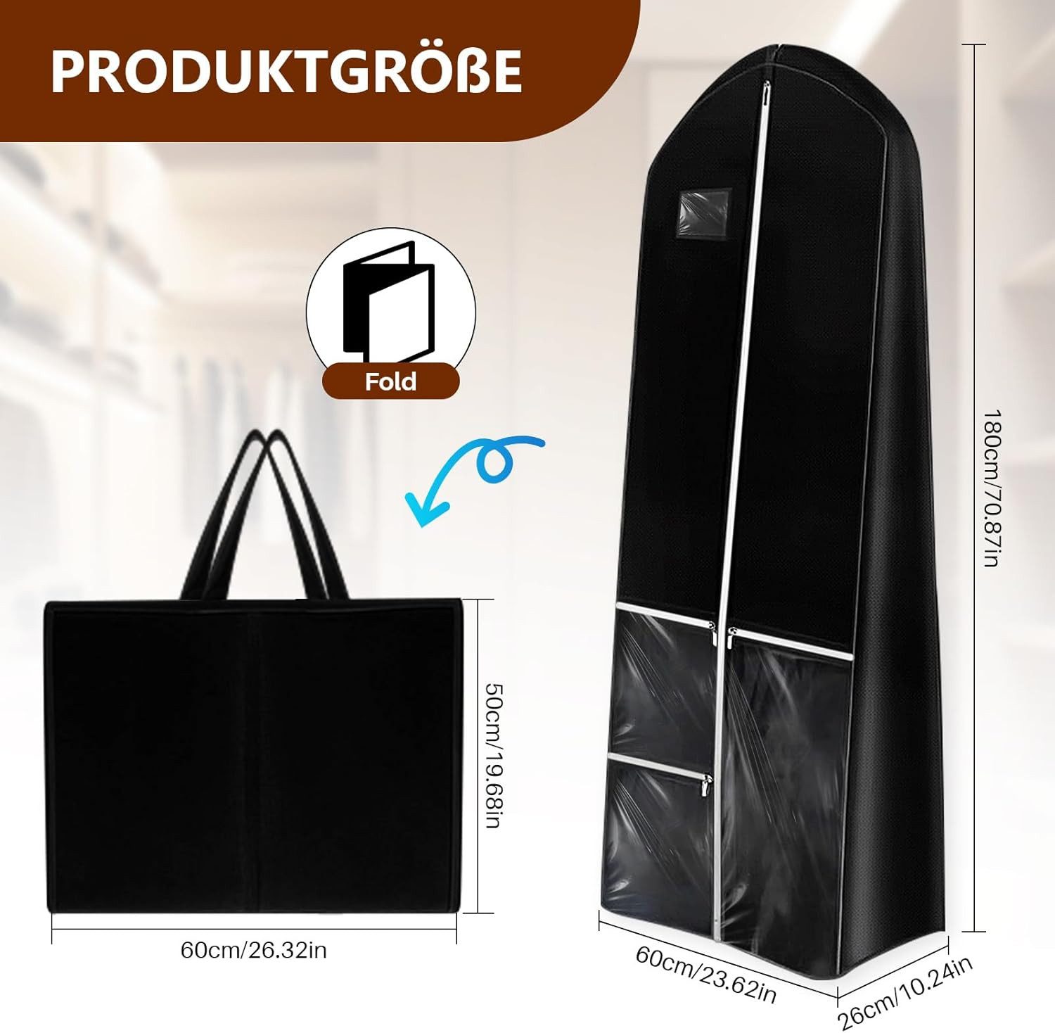 Zaewry Kleidersack Lang 180×60 cm, Faltbare Kleiderhülle mit 4 Taschen, mit Griffen