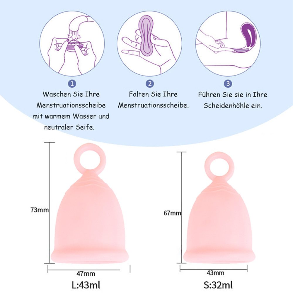 Tekoo Menstruationstasse Menstruationstassen Set mit Aufbewahrungsbeutel, 32 ml, S Gr., Mit innovativem Ring-Griff für besonders leichtes Entfernen