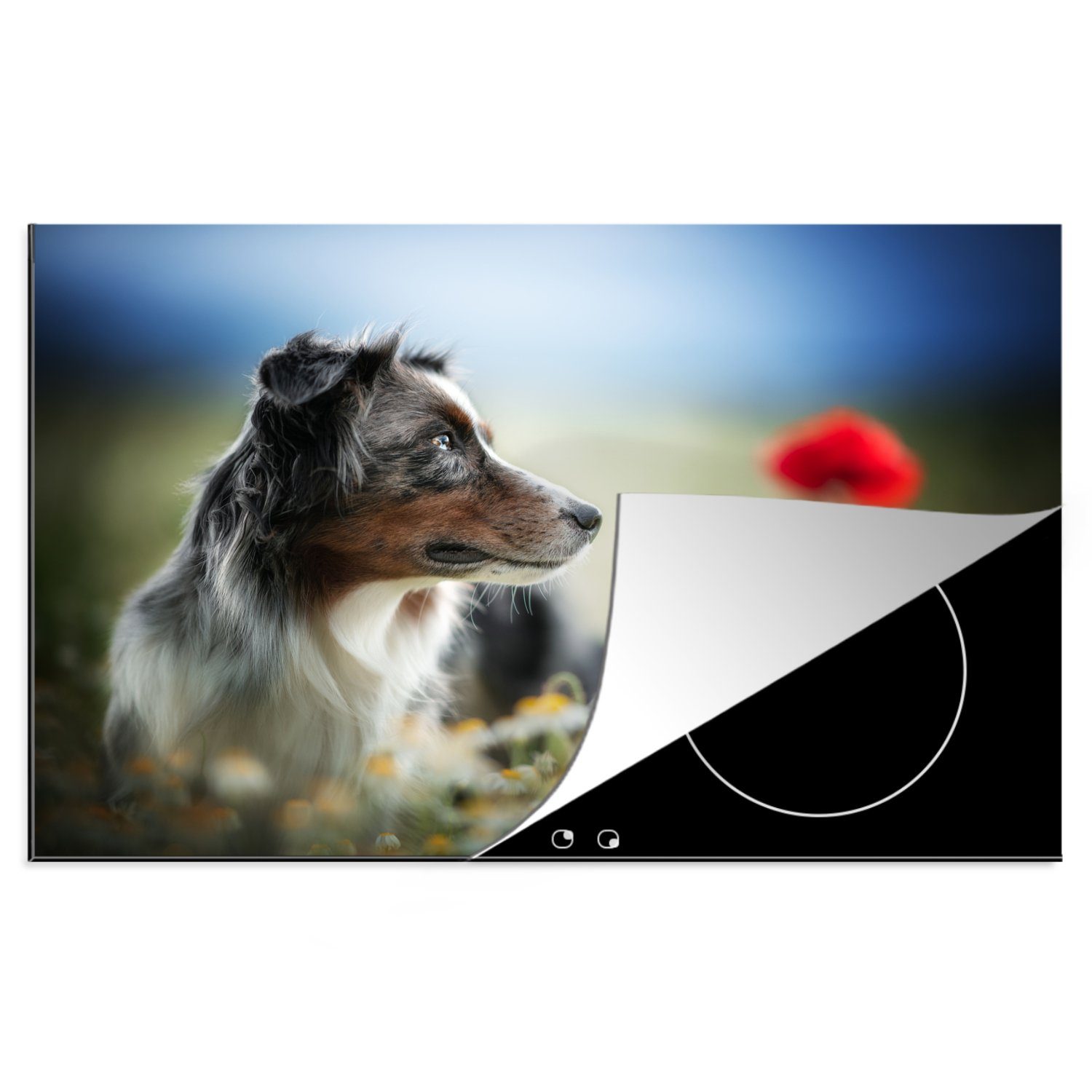 MuchoWow Herdblende-/Abdeckplatte Hund - Blumen - Farben, Vinyl, (1 tlg), 81x52 cm, Induktionskochfeld Schutz für die küche, Ceranfeldabdeckung