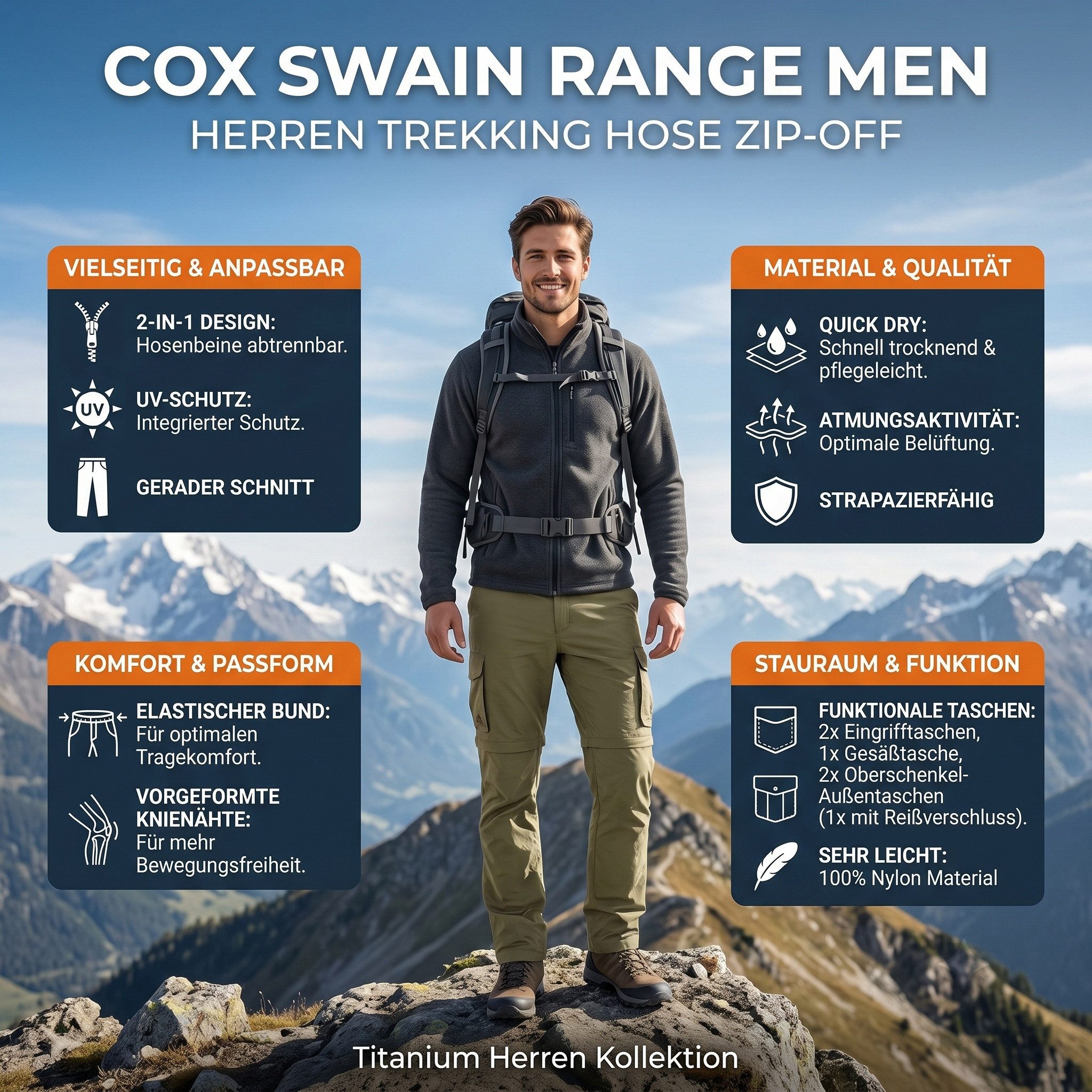 Cox Swain Trekkinghose Herren Outdoor‑Funktionshose, atmungsaktiv, schnelltrocknend leicht • robust • viele Taschen