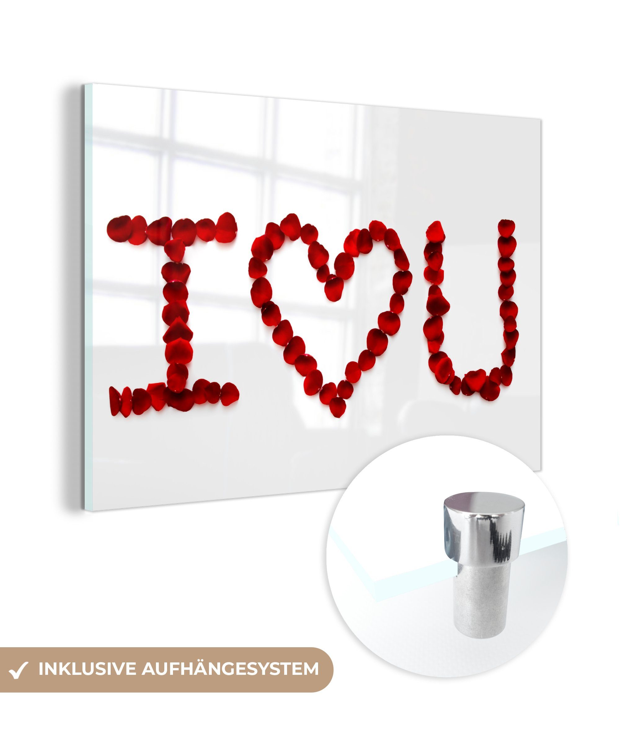 buchstabiert Ich Schlafzimmer liebe MuchoWow St), (1 dich, Acrylglasbild Wohnzimmer mit Marshmallows, roten Acrylglasbilder &