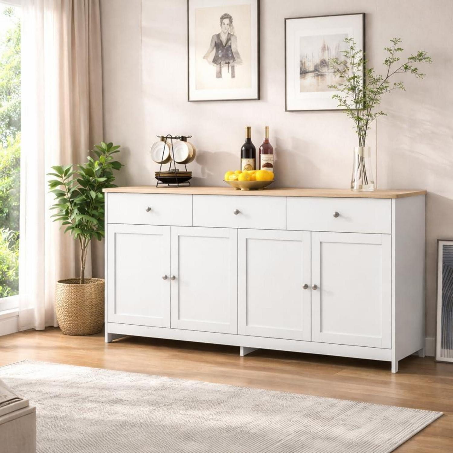 LuxusKollektion Anrichte Küchenschrank 3 Schubladen 4 Türen 160x37x75 Holzfarbe Weiß Weiß1