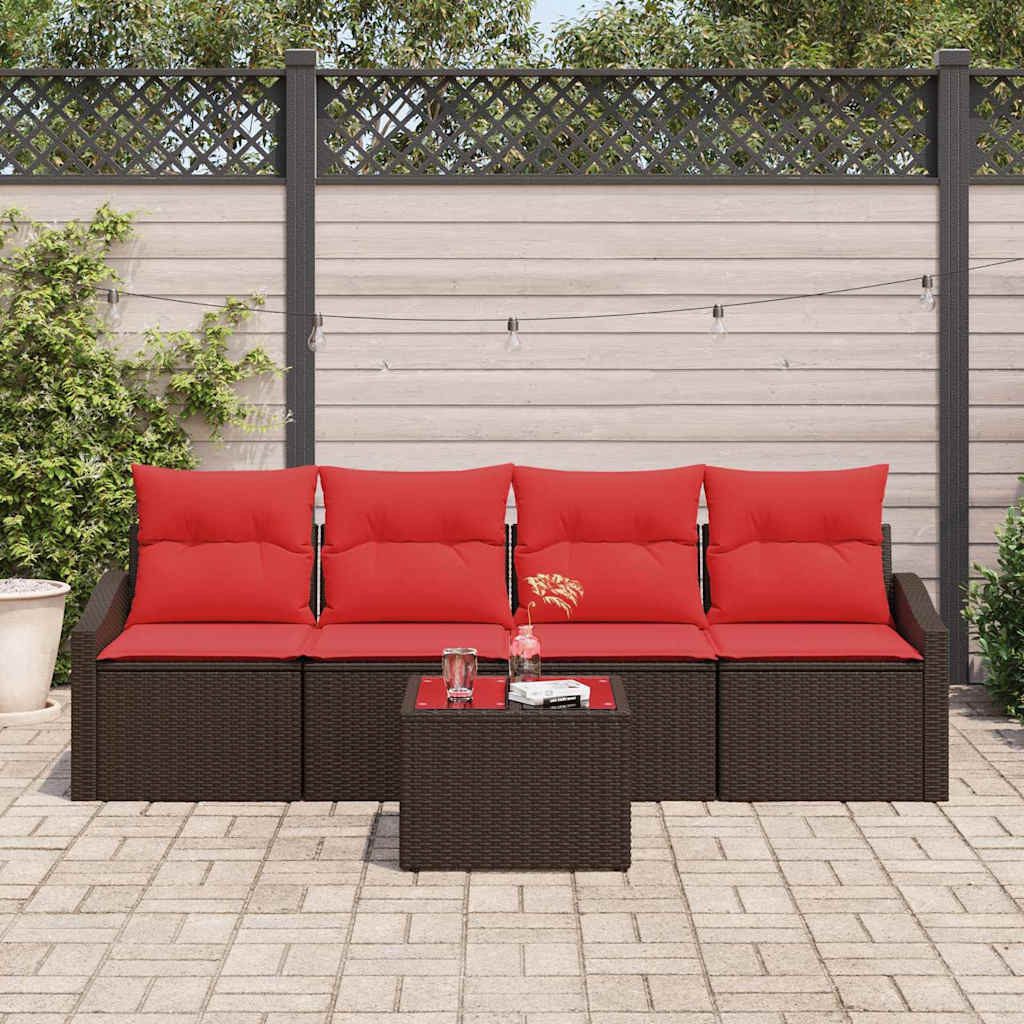 vidaXL Loungesofa Sofa Set 5 stk. 3-Sitzanzahl Braun und Rot Poly Rattan, 5 Teile