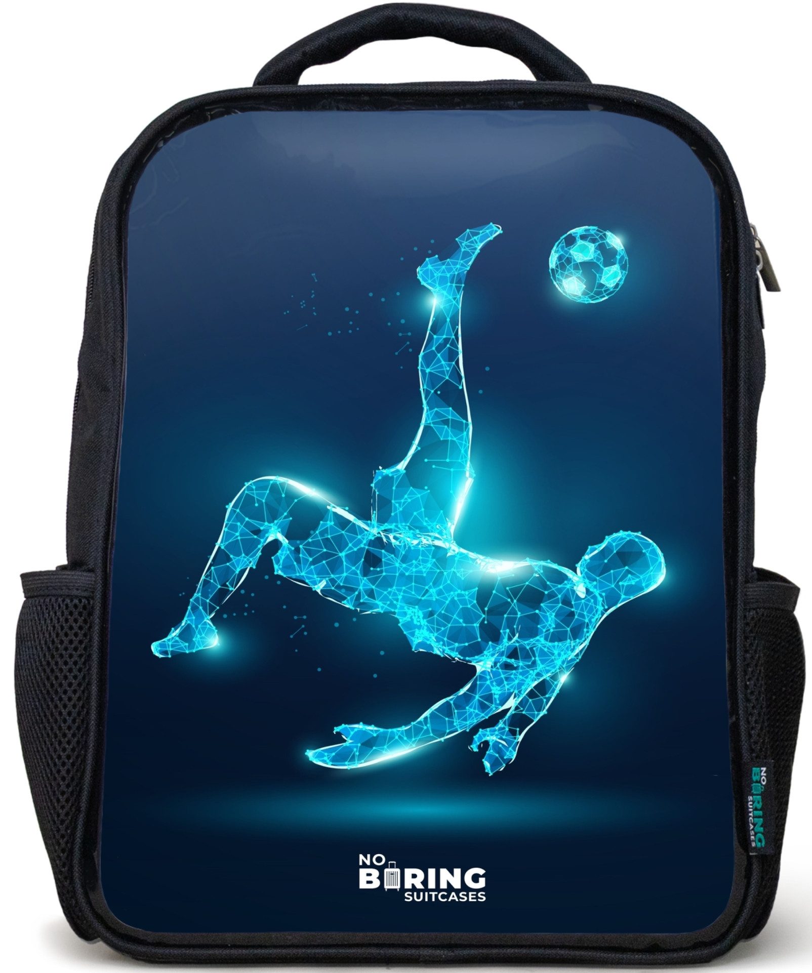 NoBoringSuitcases.com© Rucksack Schwarz - Omake in blauem Neon-Fußball, Kinderrucksack Schwarz, Schulrucksack, Freizeitrucksack Jungen Mädchen
