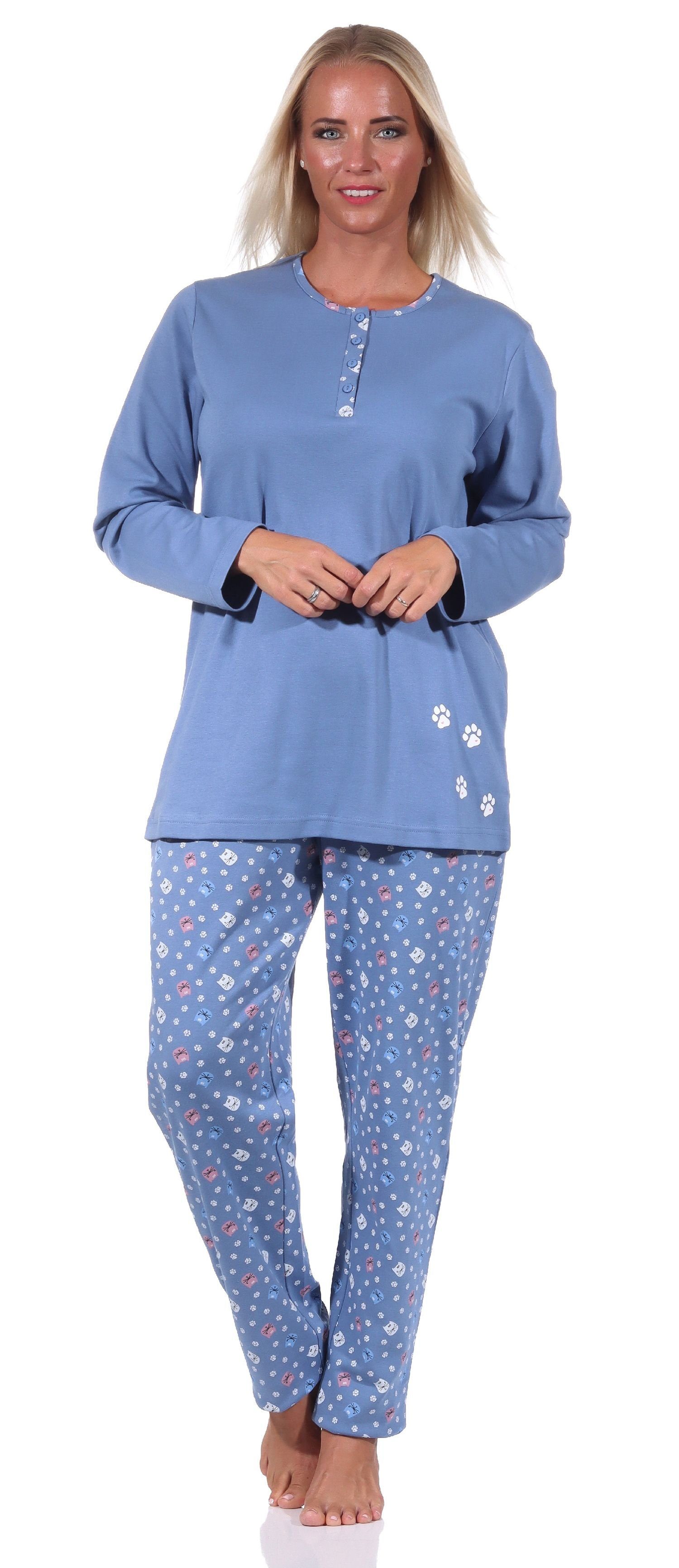 Normann Pyjama Damen Pyjama langarm Schlafanzug mit niedlichem Tier Motiv blau