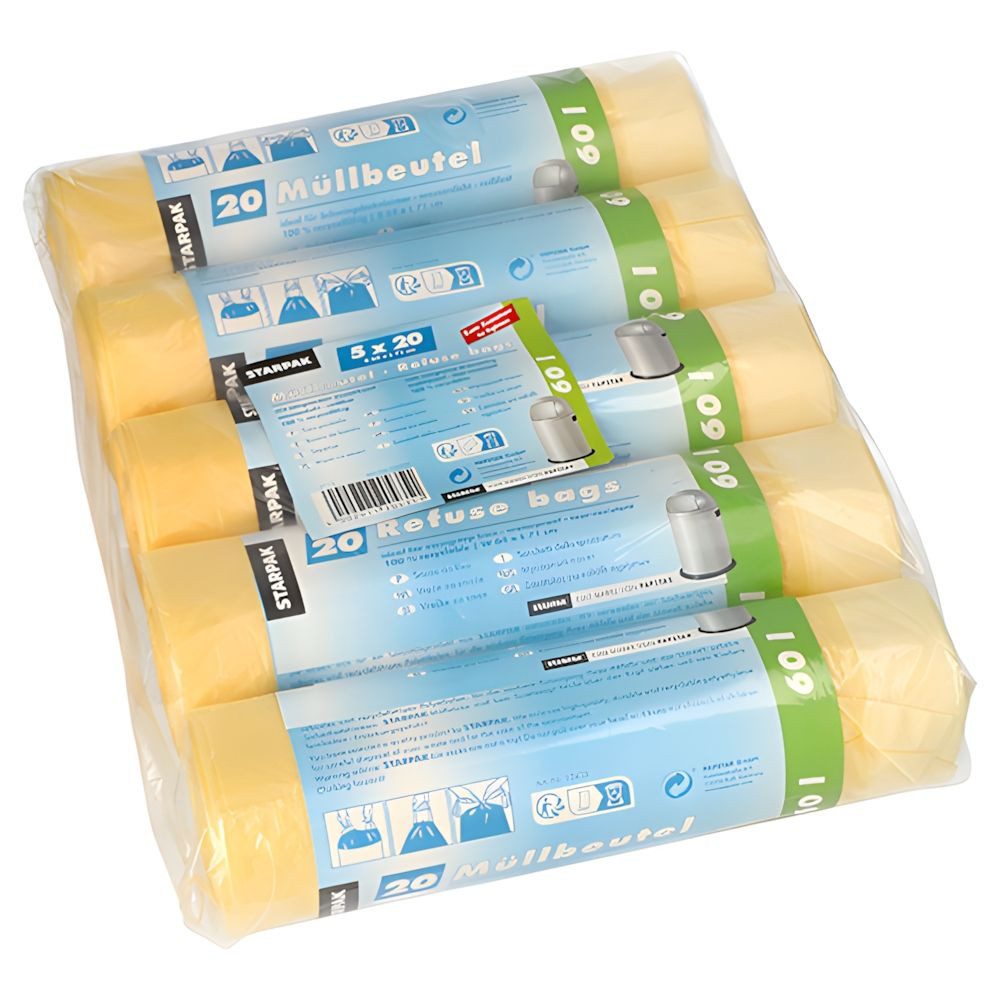 PAPSTAR Müllbeutel Müllsäcke mit Zugband, HDPE 60 l 71 cm x 64 cm gelb 18 my 500 Stk