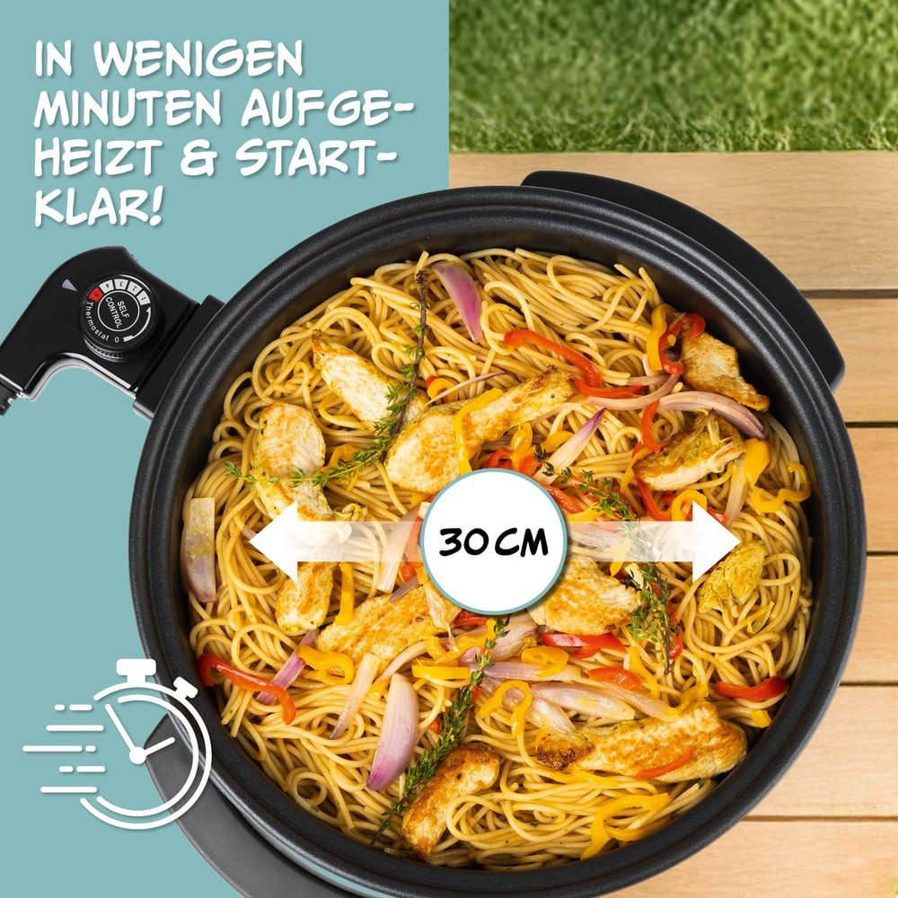 GOURMETmaxx Elektrische Pfanne 1500W metallic schwarz 30cm mit Deckel und Trenner, 1500 W, Pasta Pizza ohne Herd zubereiten Antihaftbeschichtung mit Cool-Touch