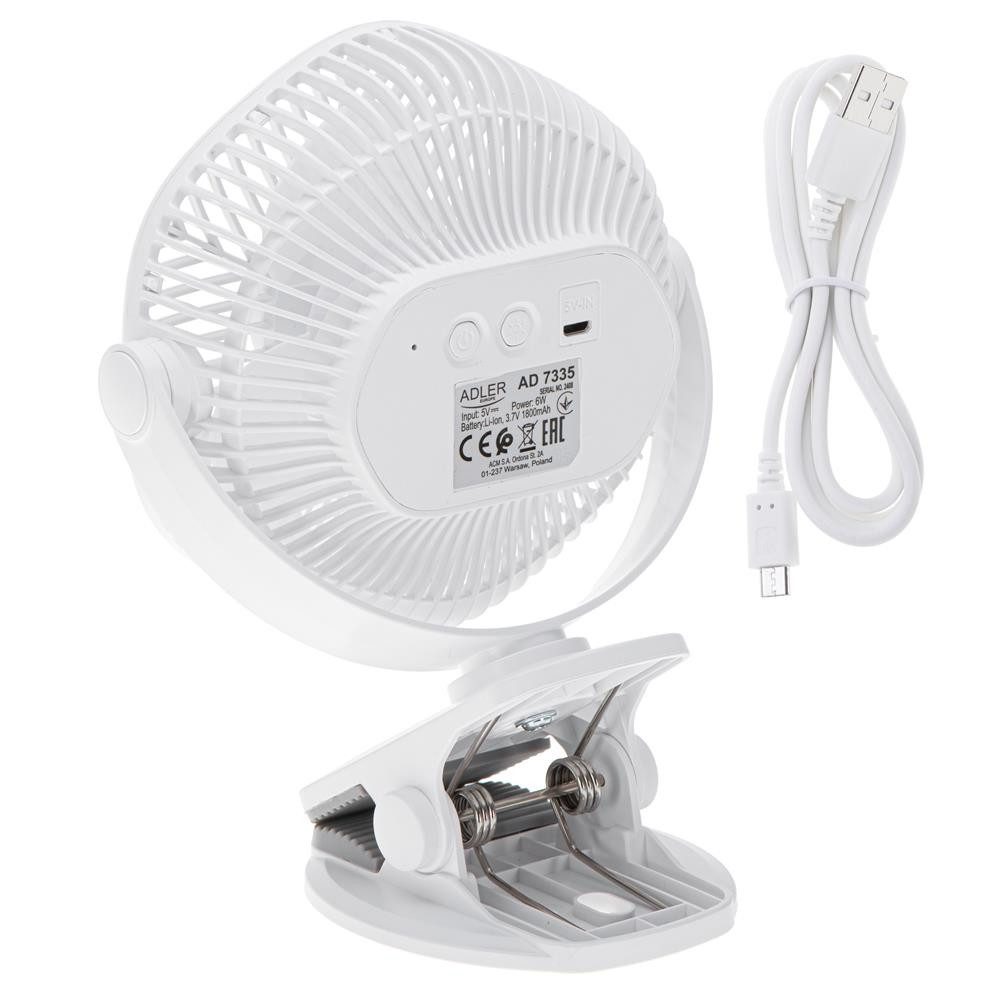 ADLER EUROPE Akku-Ventilator AD 7335 mit Clip, LED Lampe, 3 Geschwindigkeiten, 360 Grad drehbar, USB, Tischventilator für Camping, Büro, Wohnmobil und Reise