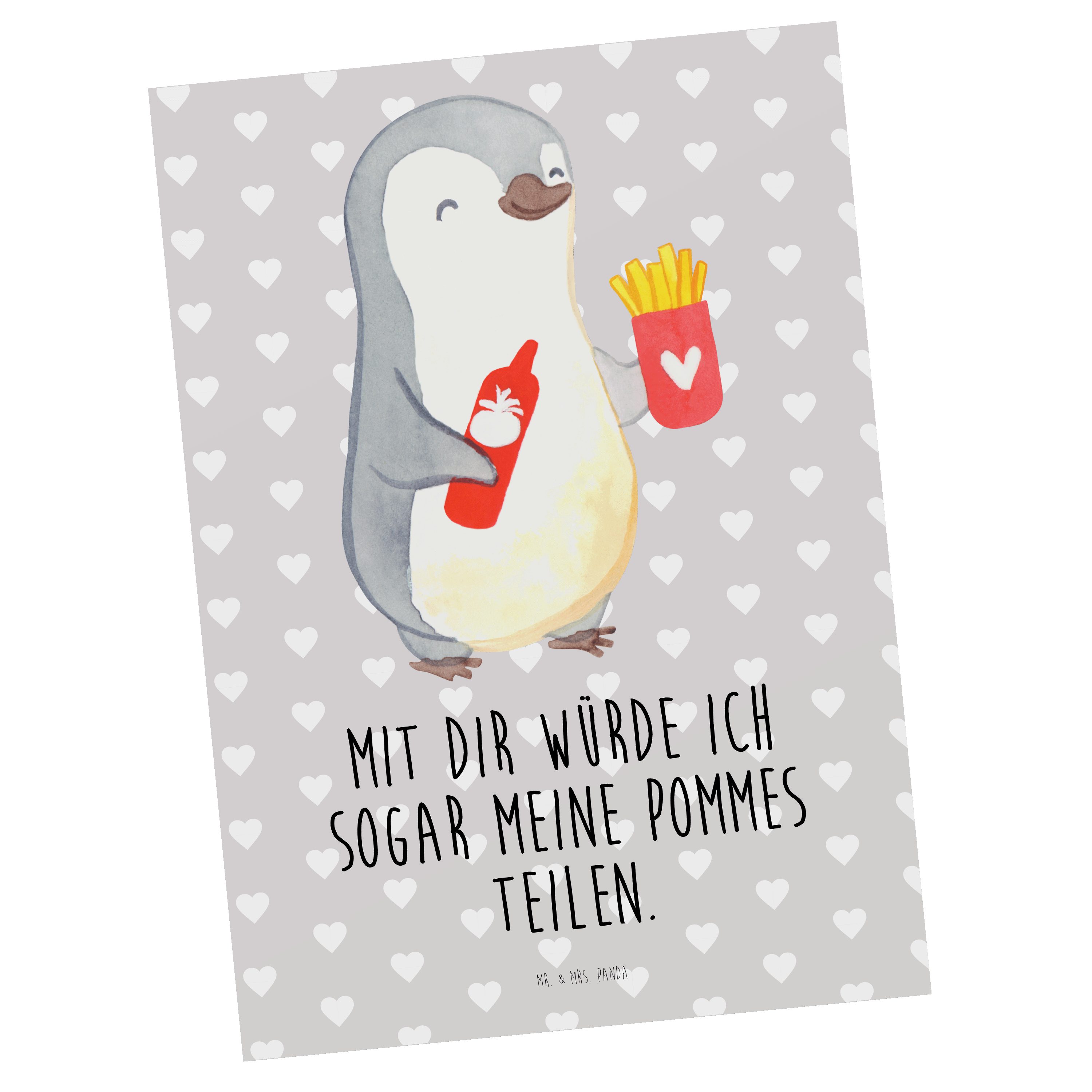 Mr. & Mrs. Panda Postkarte Pinguin Pommes - Grau Pastell - Geschenk, Grußkarte, Dankeskarte, für