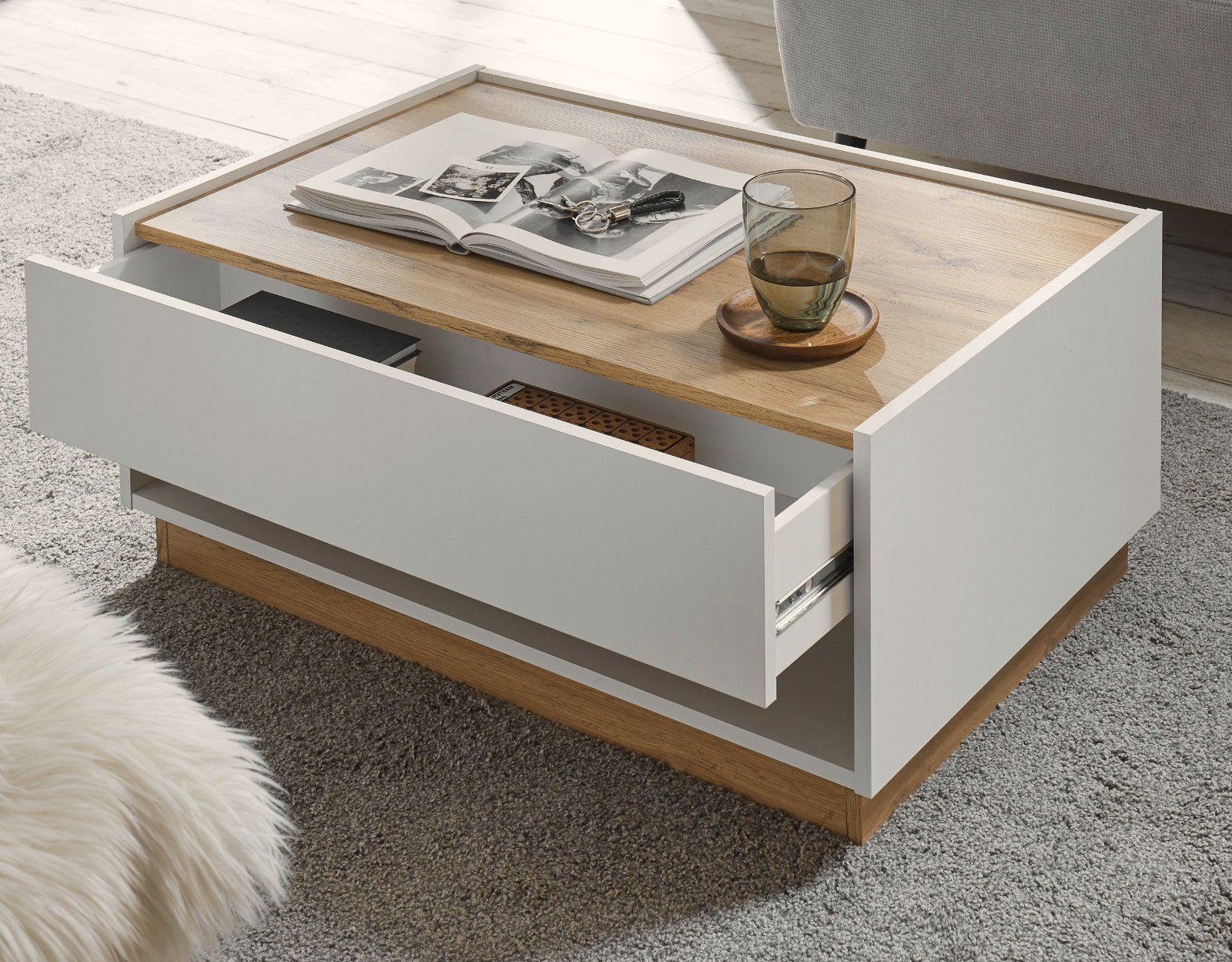 Furn.Design Couchtisch Center (Wohnzimmer Tisch in weiß mit Wotan Eiche, 90 günstig online kaufen