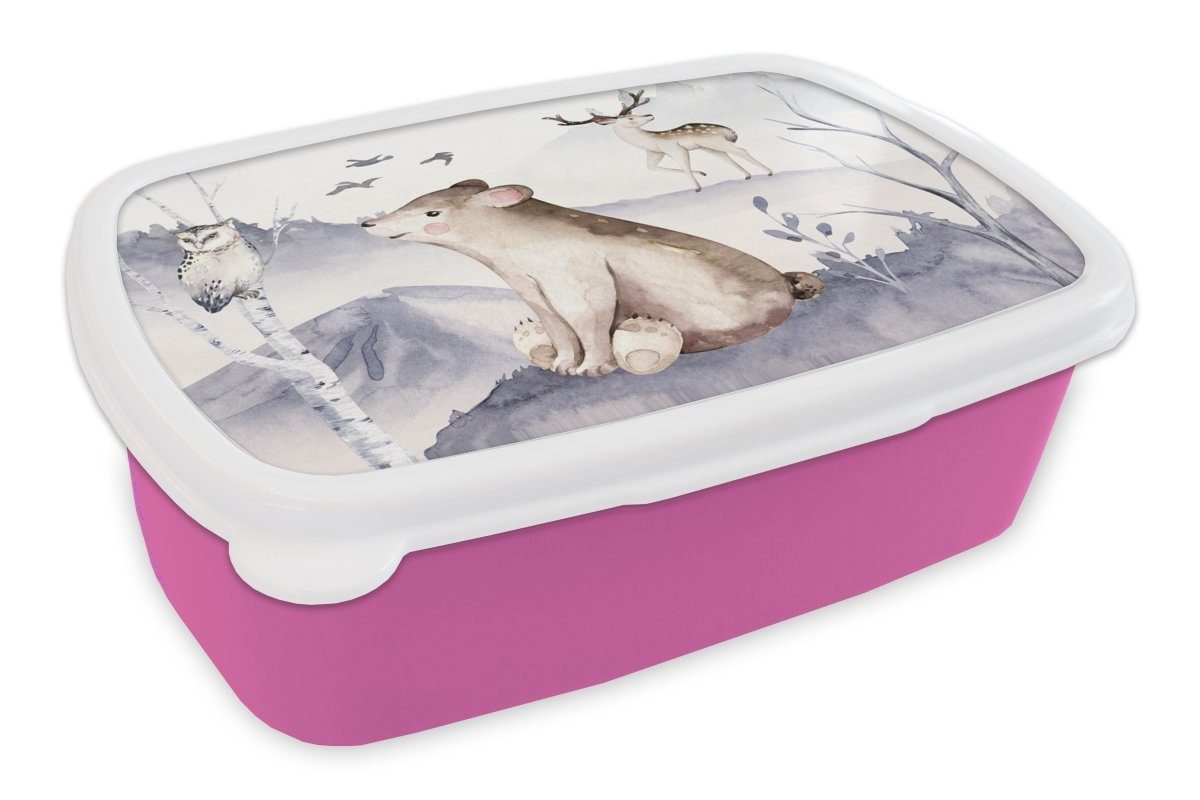 MuchoWow Lunchbox Winter - Schnee - Tiere, Kunststoff, (2-tlg), Brotbox für Erwachsene, Brotdose Kinder, Snackbox, Mädchen, Kunststoff rosa | Lunchboxen