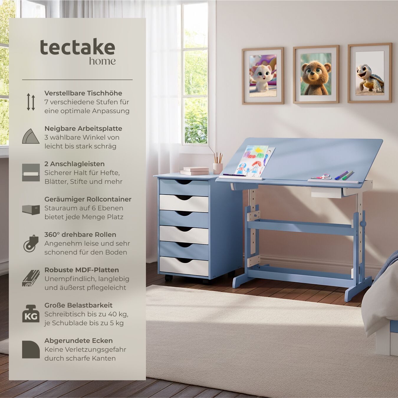tectake Kinderschreibtisch Höhenverstellbarer Jugendschreibtisch, elektrisch, abgerundete (Schülerschreibtisch, 1-St., in blau), Aus Holz, Tischplatte neigbar & 7-fach höhenverstellbar, 63 bis 94 cm