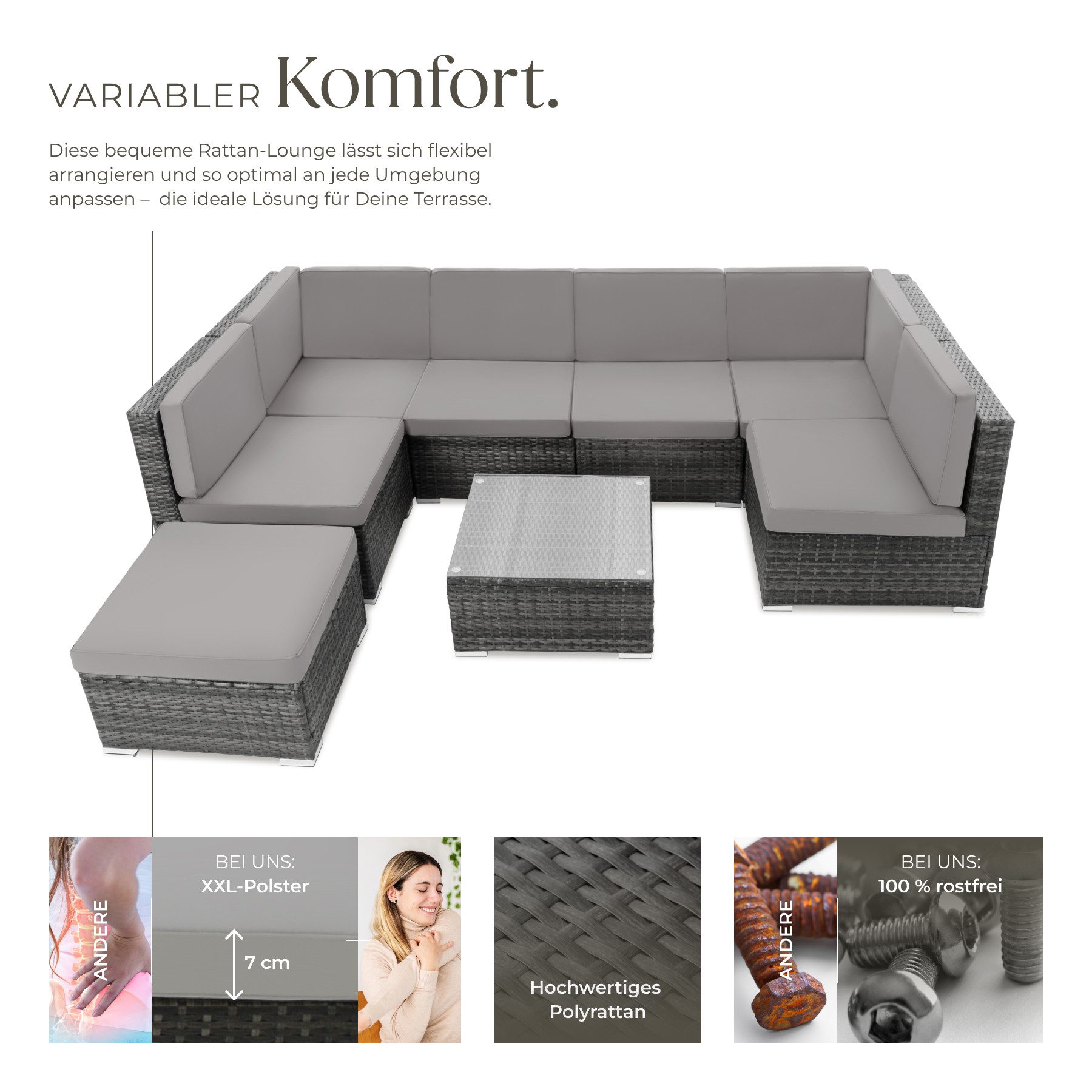 tectake Loungeset Rattan Lounge Venedig - wetterfestes Gartenmöbelset, (rattan lounge Venedig, 8-tlg., in Grad), Abnehmbare, wasserabweisende Kissen