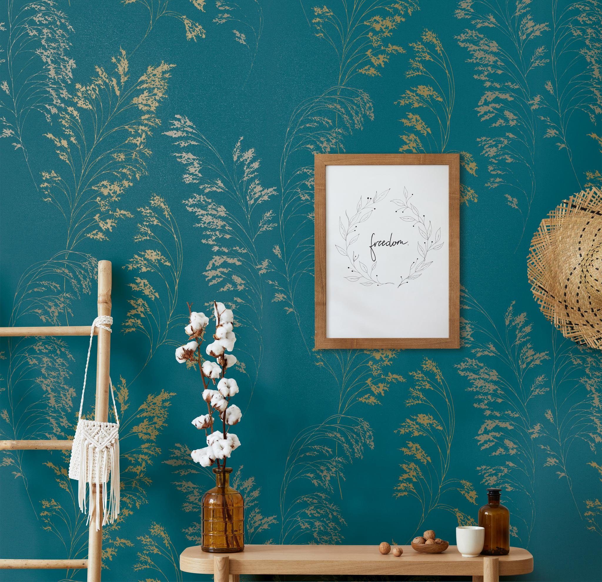 Novamur Vliestapete Novamur Jackie, Floral, petrol-gold günstig online kaufen