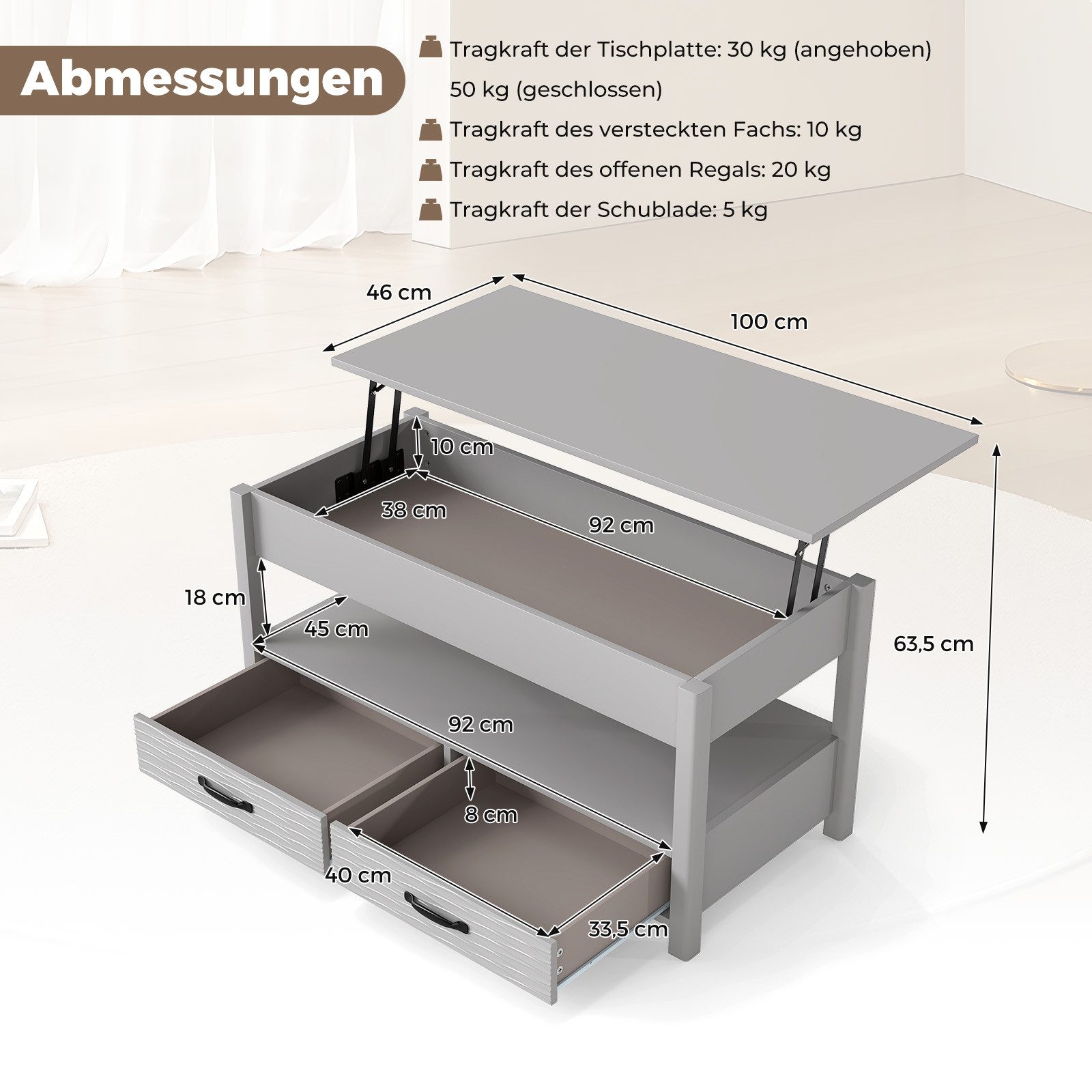 COSTWAY Couchtisch höhenverstellbar mit verstecktem Stauraum, Wohnzimmertisch mit Erhöhung grau – Bild 5 von 5