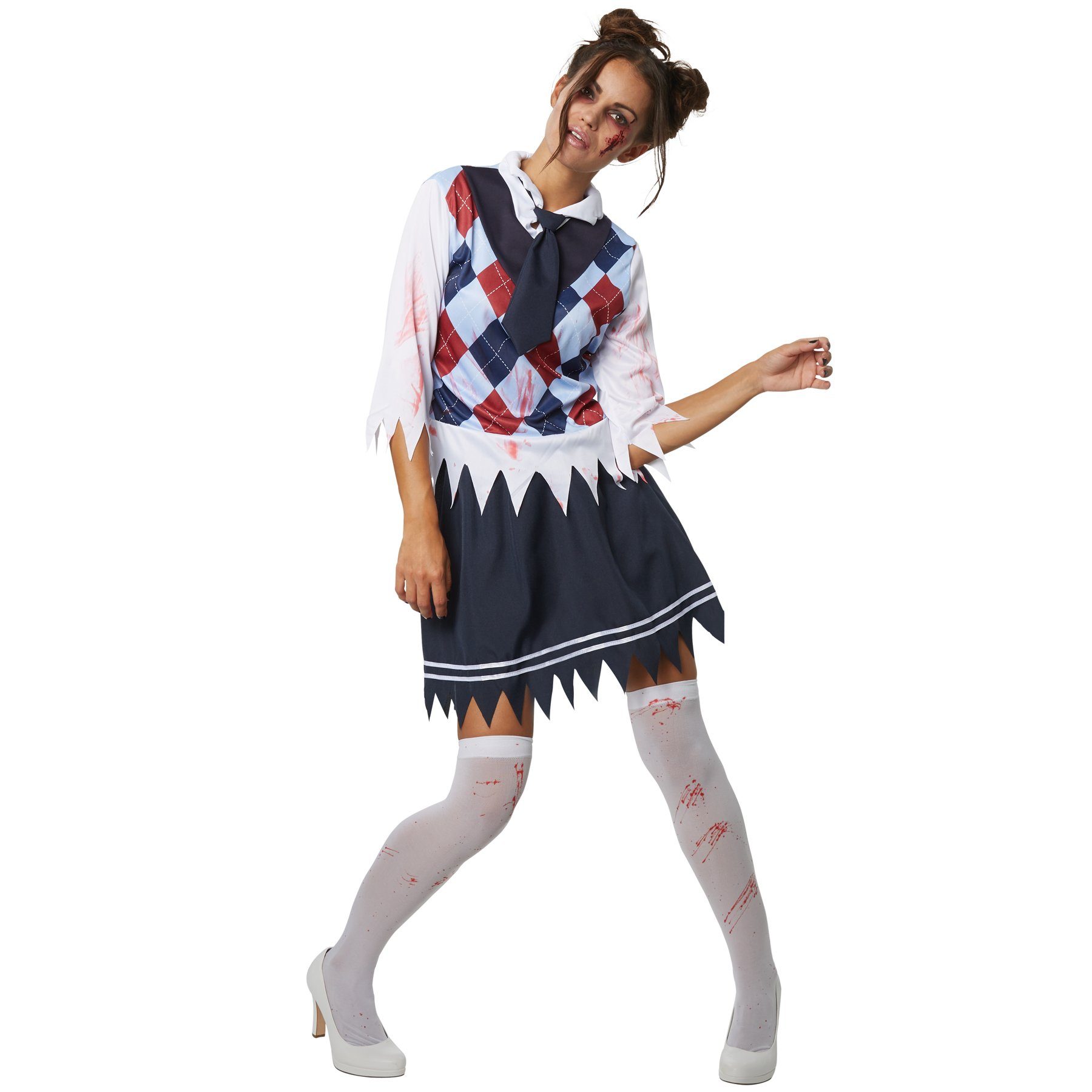 dressforfun Kostüm Frauenkostüm Gruseliges Zombie Schulmädchen, Schulmädchenkostüm im Grusel-Look mit Blutflecken