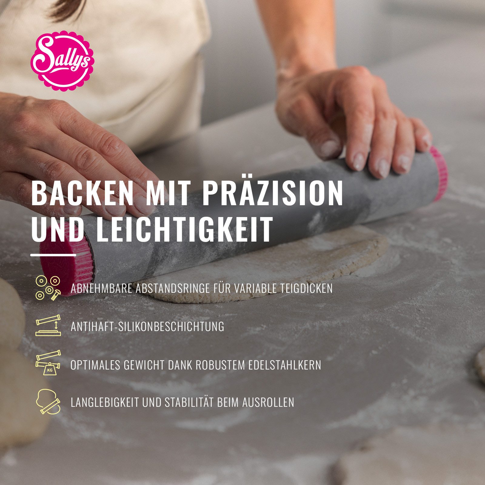 Sallys Teigroller Profi Ausrollstab mit Edelstahlkern- in zwei Größen – Bild 3 von 5
