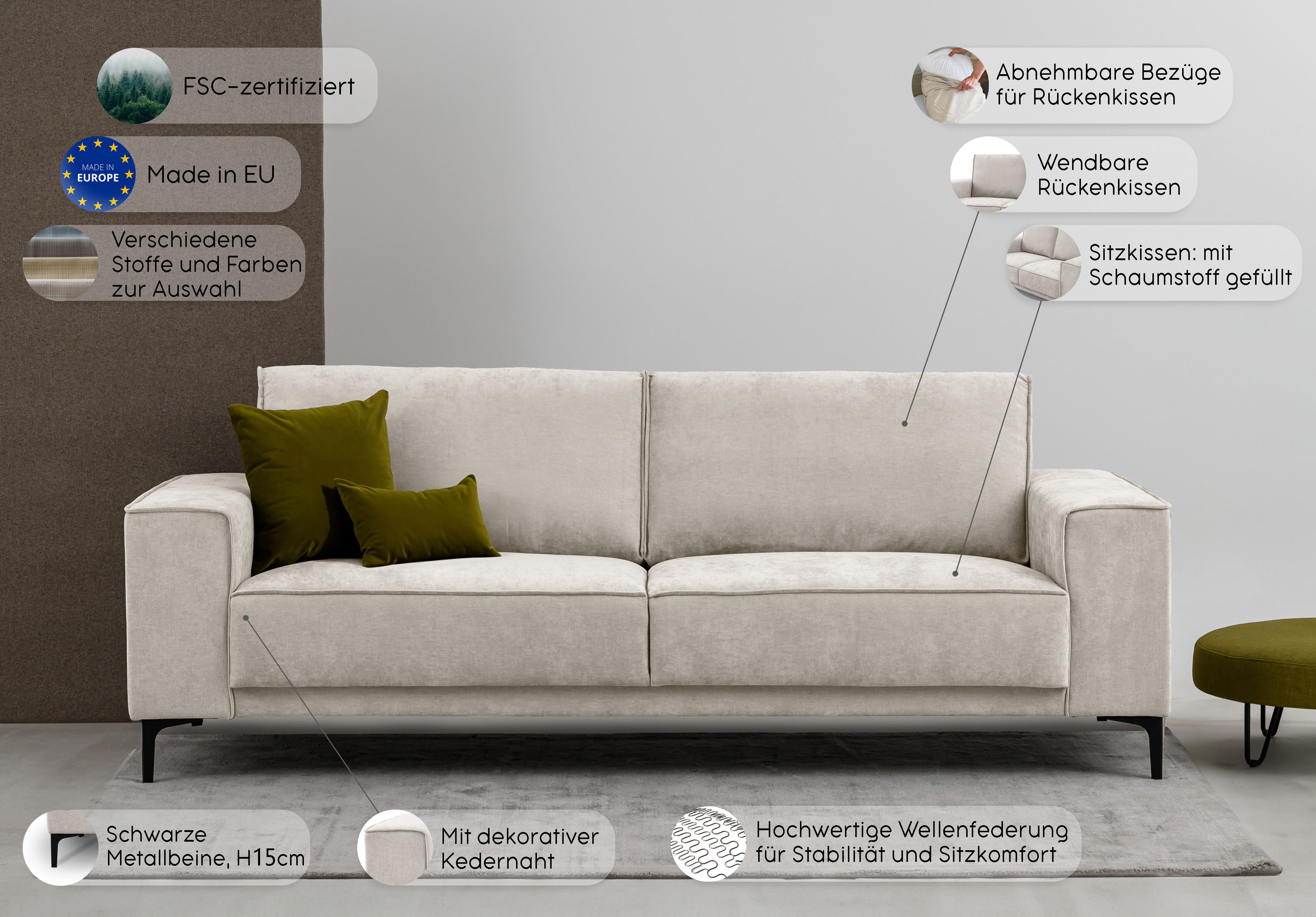OTTO home 3-Sitzer OLAND Struktur fein, Sofa, B: 224 cm, Skandi-Design – Bild 3 von 5