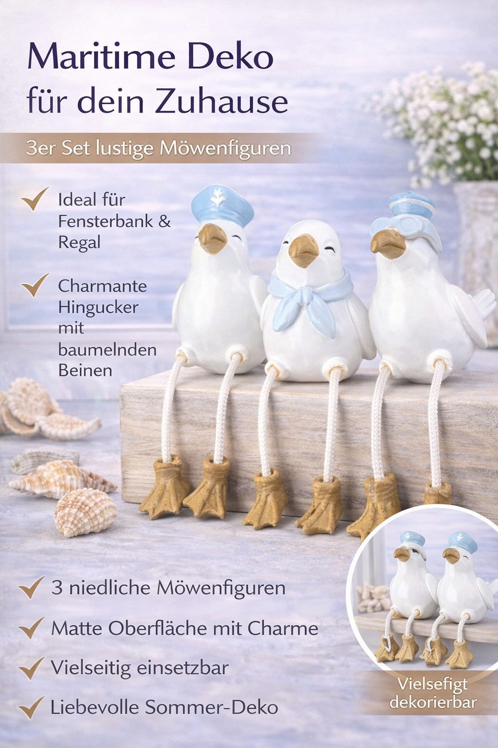 GILDE Dekofigur Kantensitzer Möwen Sigurd, 3er Set, maritime Dekofiguren aus Kunstharz (3 St., 3 Möwen Figuren "Sigurd)