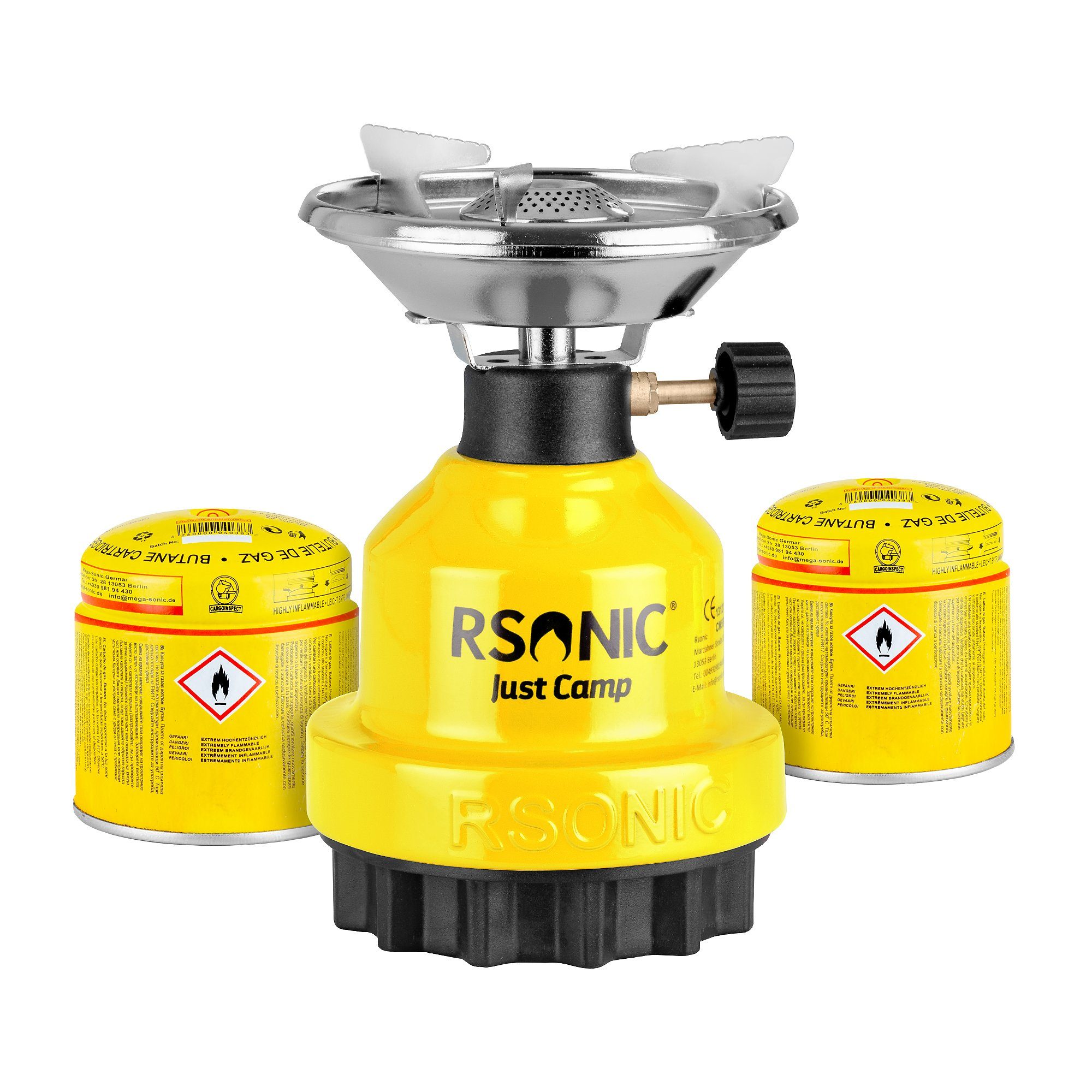 Mianova Gaskocher Gaskocher + 2 Kartuschen Gelb Campingkocher Shisha Kohleanzünder, (BBQ Barbecue Tischgrill Notfall Campingherd Stromausfall Notfallkocher Notkocher), Metall Kohleanzünder Outdoor Grill Camping Herd