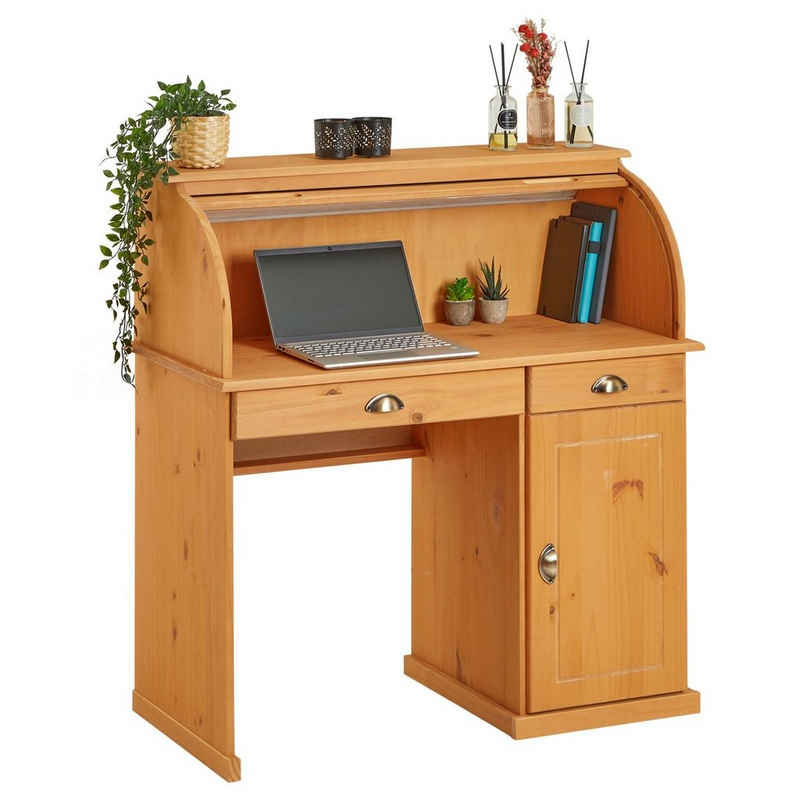 IDIMEX Sekretär »TOM«, Sekretär PC Tisch 2 Schubladen Kiefer 1 Tür Rollladen Bürotisch Arbeitstisch