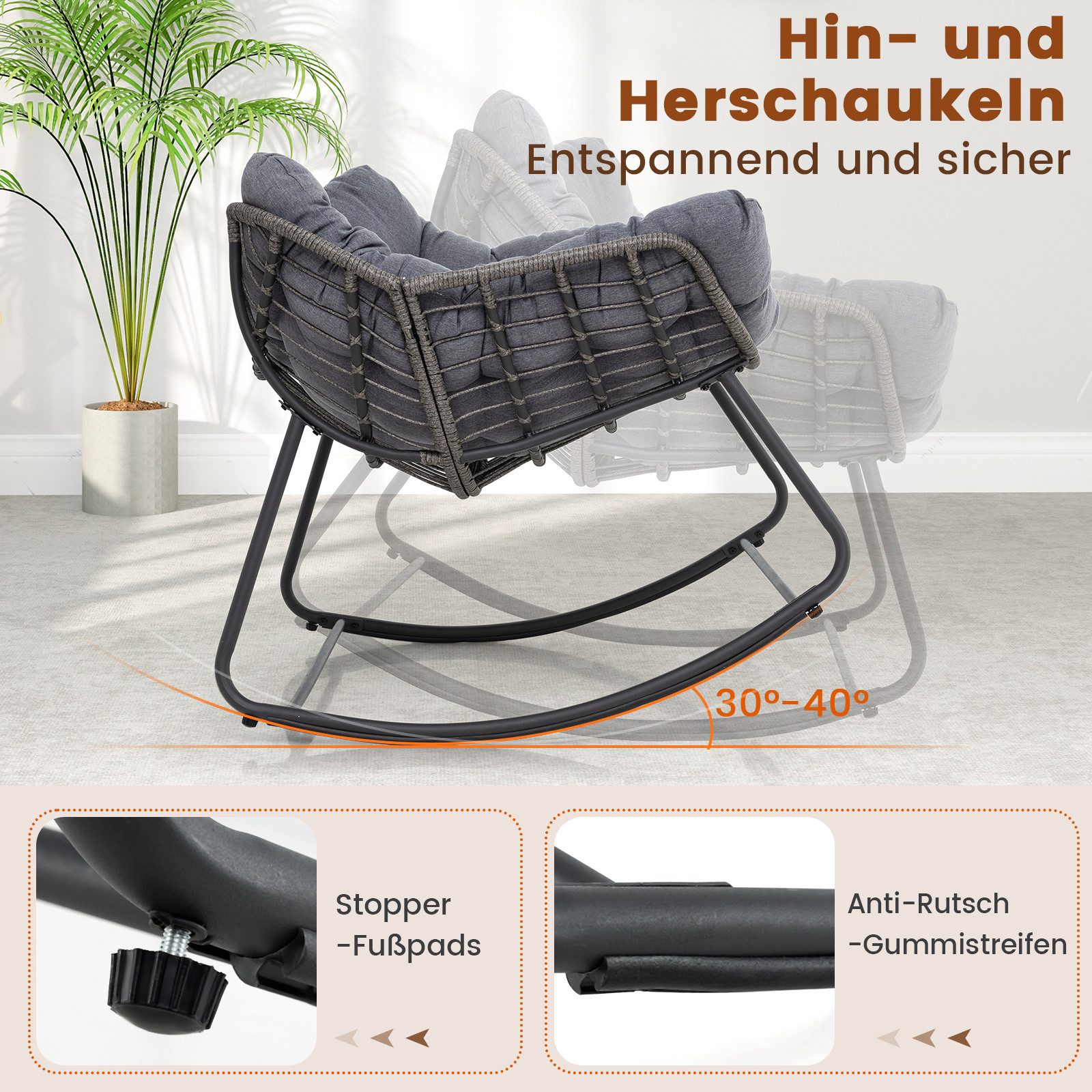 COSTWAY Schaukelstuhl (1 St), Rattanstuhl mit dickem & abnehmbarem Kissen, Metallrahmen, 150kg