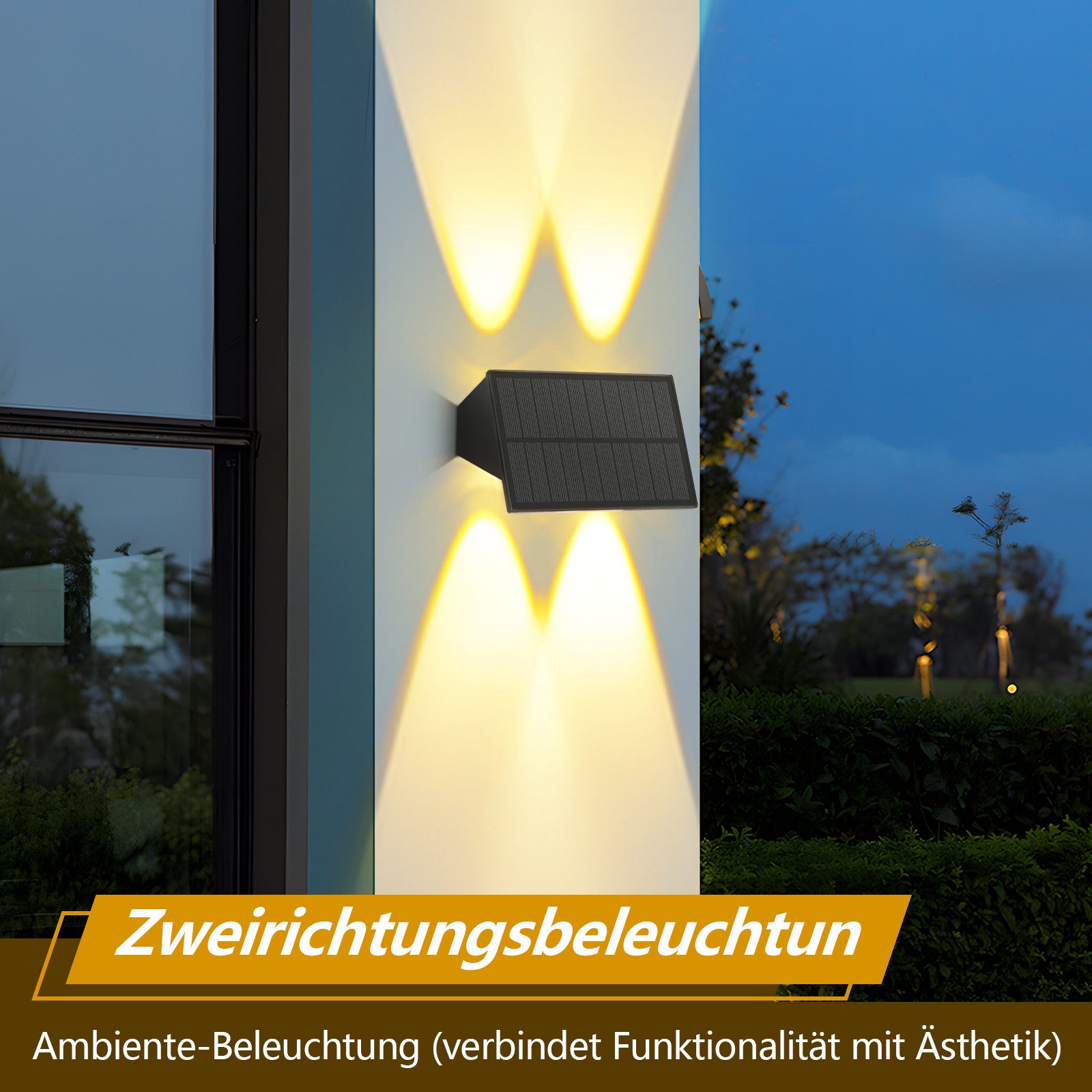 Nettlife LED Außen-Wandleuchte Solarbetrieben Set Up-Down-Strahl kabellose Außenbeleuchtung 3000K, LED fest integriert, Warmweiß, 1/2/4er Set warmweiß für Wand  – Bild 5 von 5