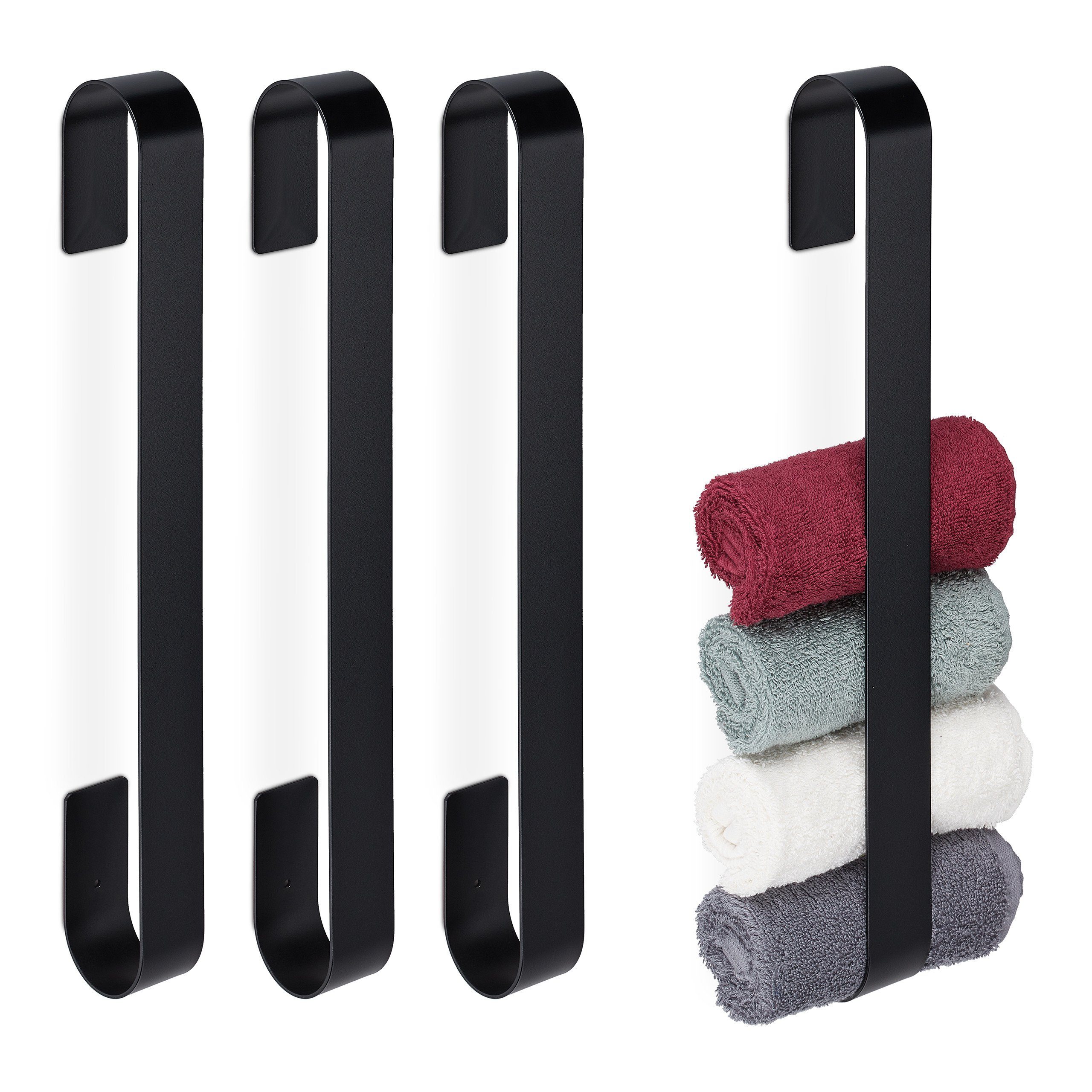 relaxdays Handtuchhalter 4 x Handtuchhalter Edelstahl schwarz | Handtuchstangen