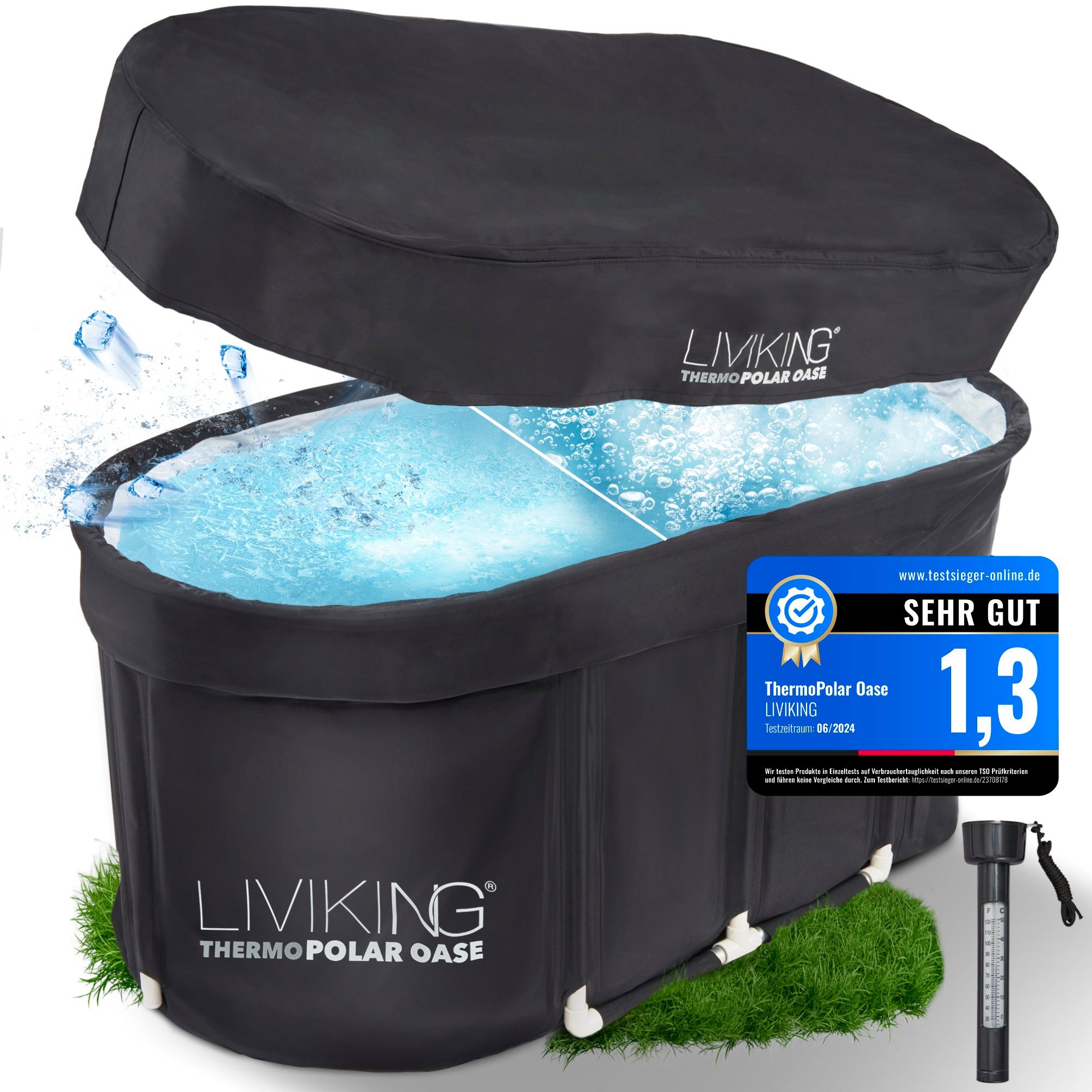 LIVIKING® Badewanne faltbar & Eisbad - 120cm KOMFORT - mobile Outdoor Badewanne Erwachsene, (KOMPLETTSET ThermoPolar Oase - ovale Sport Eistonne), ThermoPolar Isolierung, SolidShape Rahmen, Balkon Mini Pool Eisfass