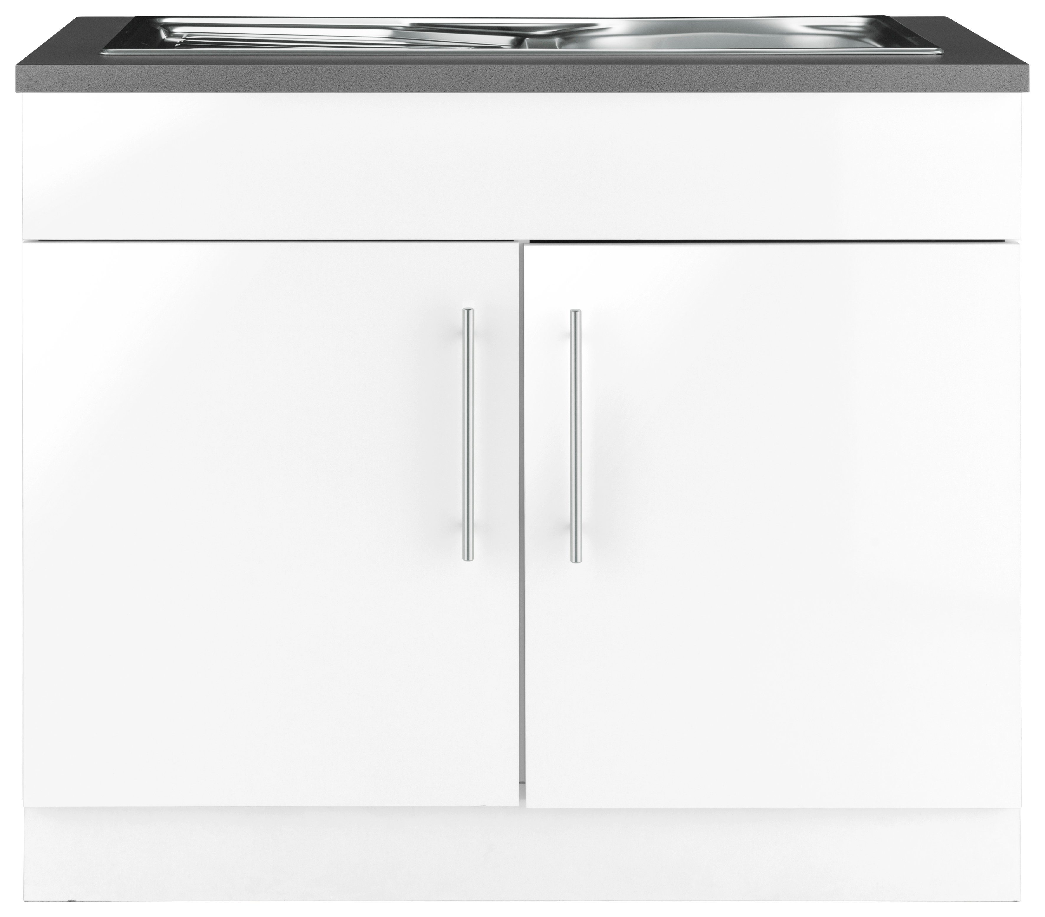 wiho Küchen Spülenschrank Cali 100 cm breit Front: Weiß Glanz, Korpus: Weiß, Arbeitsplatte: Granit Grau | Weiß