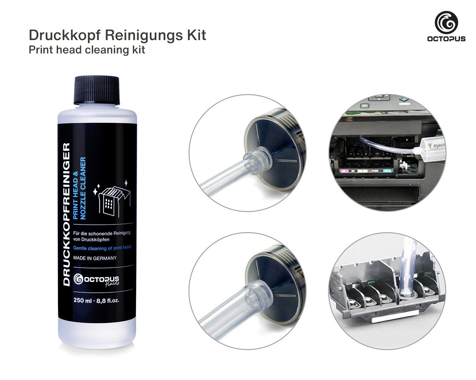 OCTOPUS Fluids Düsenreiniger 250ml für Epson Druckköpfe mit Schlauchadapter Nachfülltinte (für Epson, Reinigungsset, 1x 250 ml, Made in Germany)
