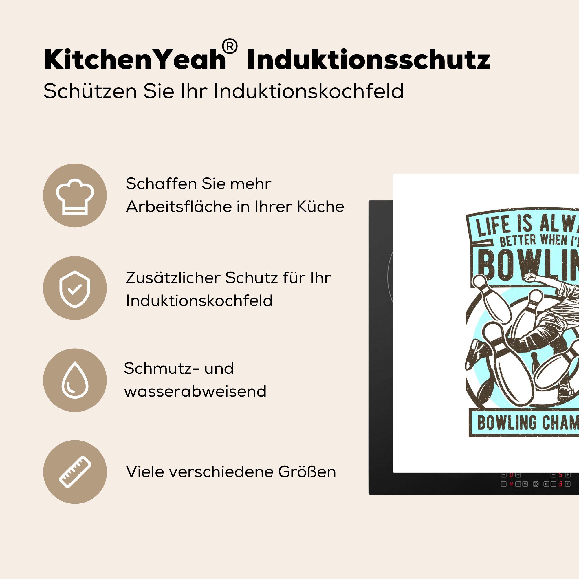 MuchoWow küche Vinyl, 78x78 Arbeitsplatte Jahrgang, Herdblende-/Abdeckplatte - für tlg), Ceranfeldabdeckung, cm, (1 - Bowling Zitate