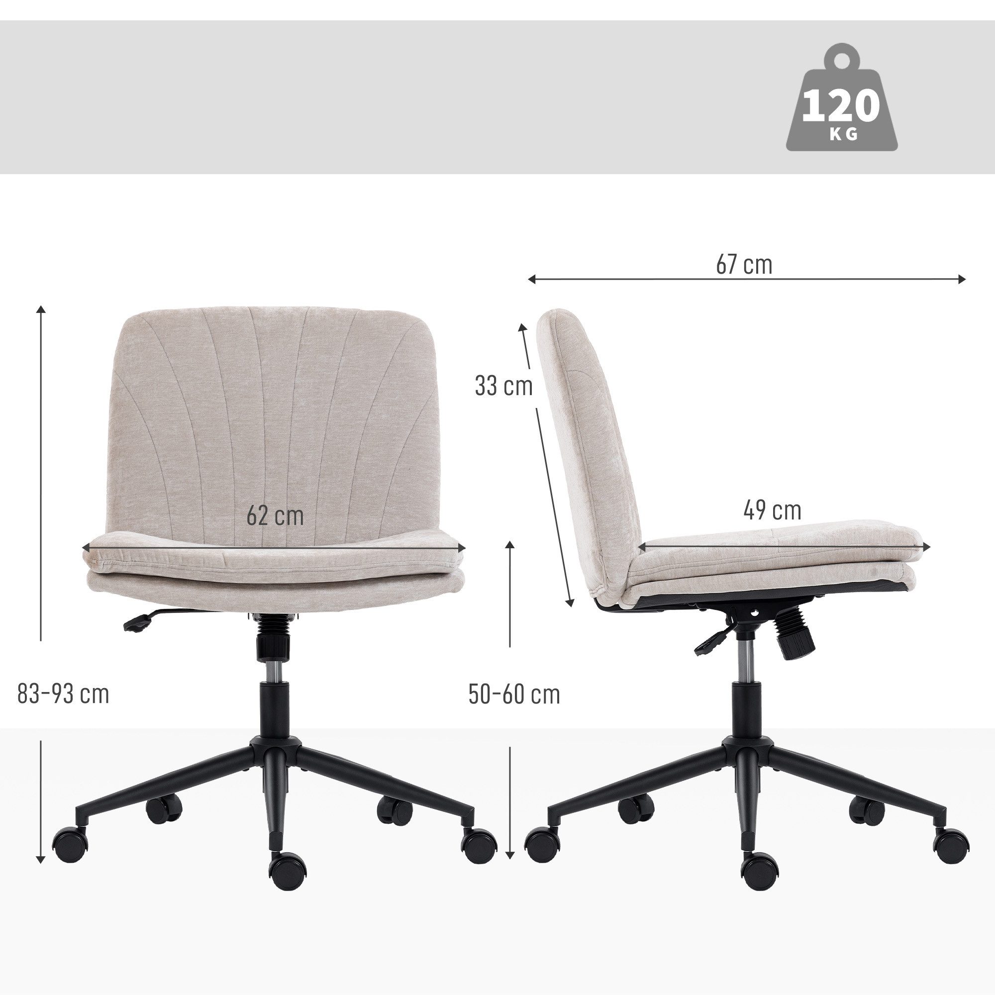 HOMCOM Bürostuhl Höhenverstellbar Homeoffice Stuhl Schreibtischstuhl mit Leinenoptik (Schminkstuhl, 1 St), für Arbeitszimmer, Schlafzimmer, Beige – Bild 3 von 5
