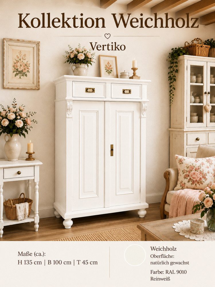 Wohnpalast Vertiko Premium Jugendstil Vertiko aus Weichholz – 100 cm weiß, Landhaus-Stil