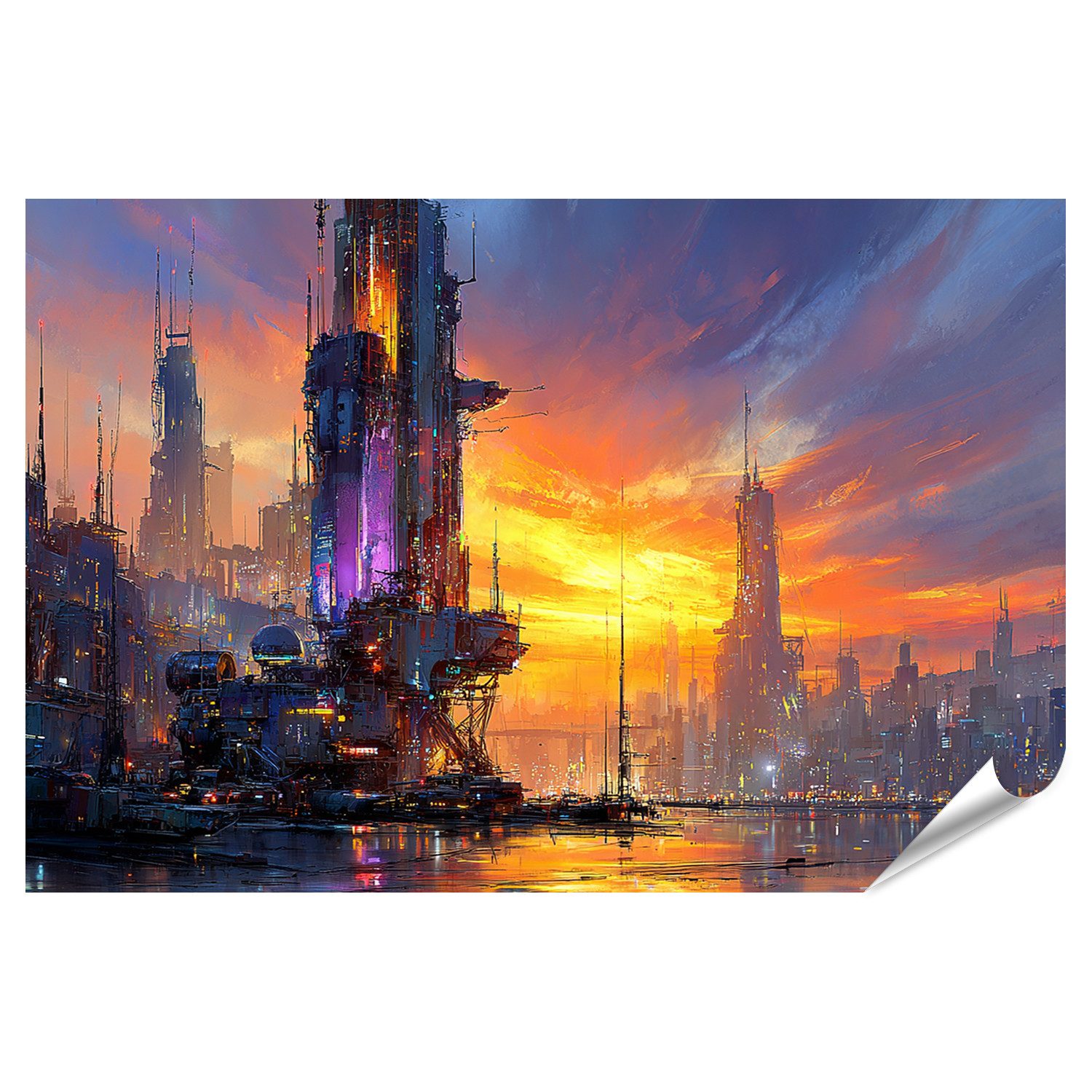 islandburner Poster Futuristische Cyberpunk Stadtlandschaft im Sonnenuntergang -