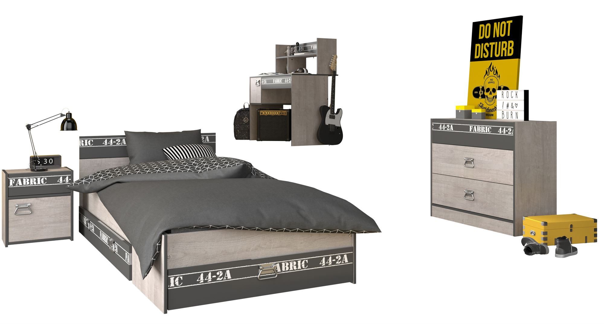 58 aufm Kessel Jugendzimmer-Set Kinderzimmer Set Parisot Fabric 5-tlg. Holzdekor Esche/Grau/Print, (inkl. Versand, Lieferung bis Verwendungsstelle), Komplettzimmer mit Bett 90x200,Nako,Schreibtisch,Schubladenkommode