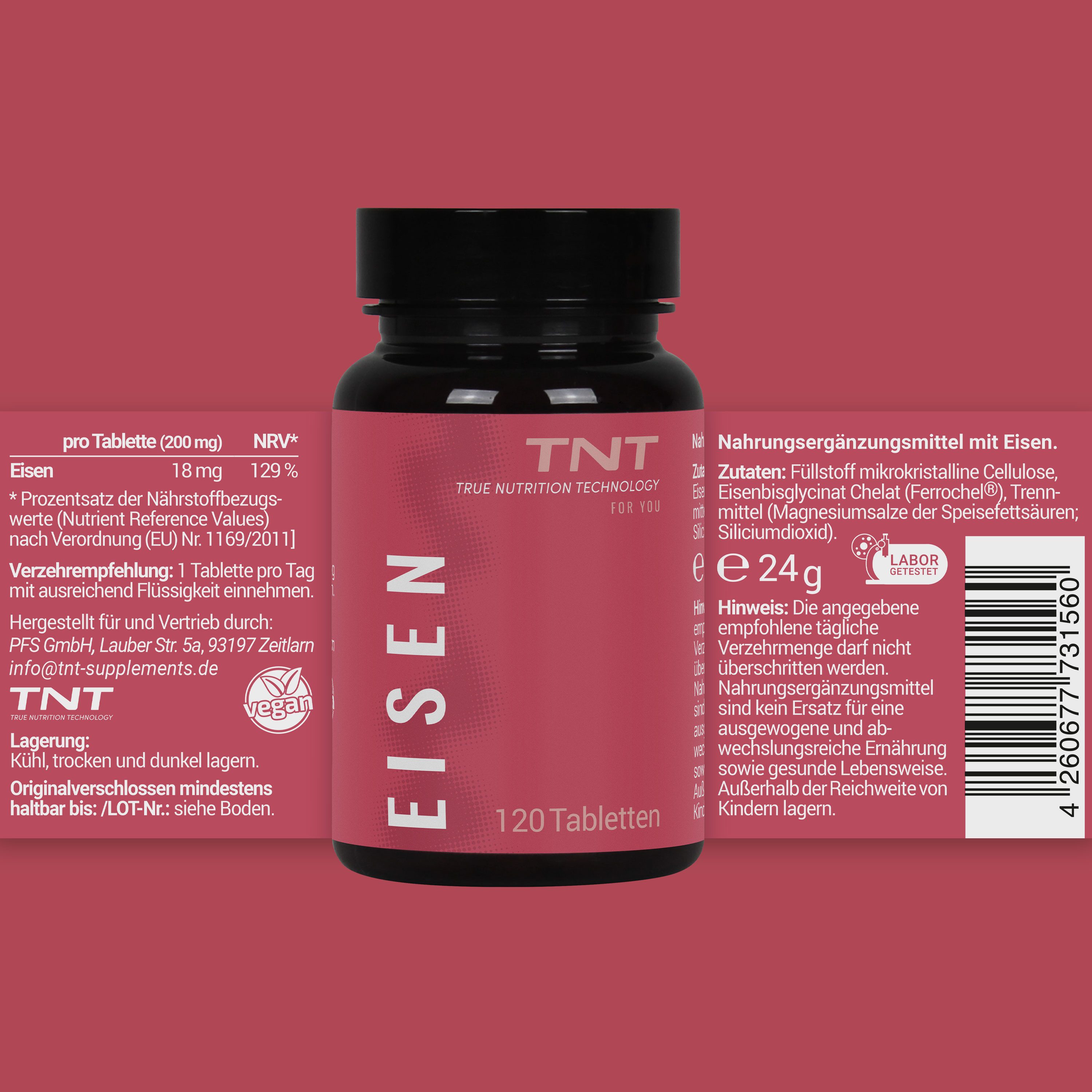 TNT (True Nutrition Technology) Eisen Tabletten, 18mg Eisen pro Tablette Tabletten, 120,00 St., 24 g