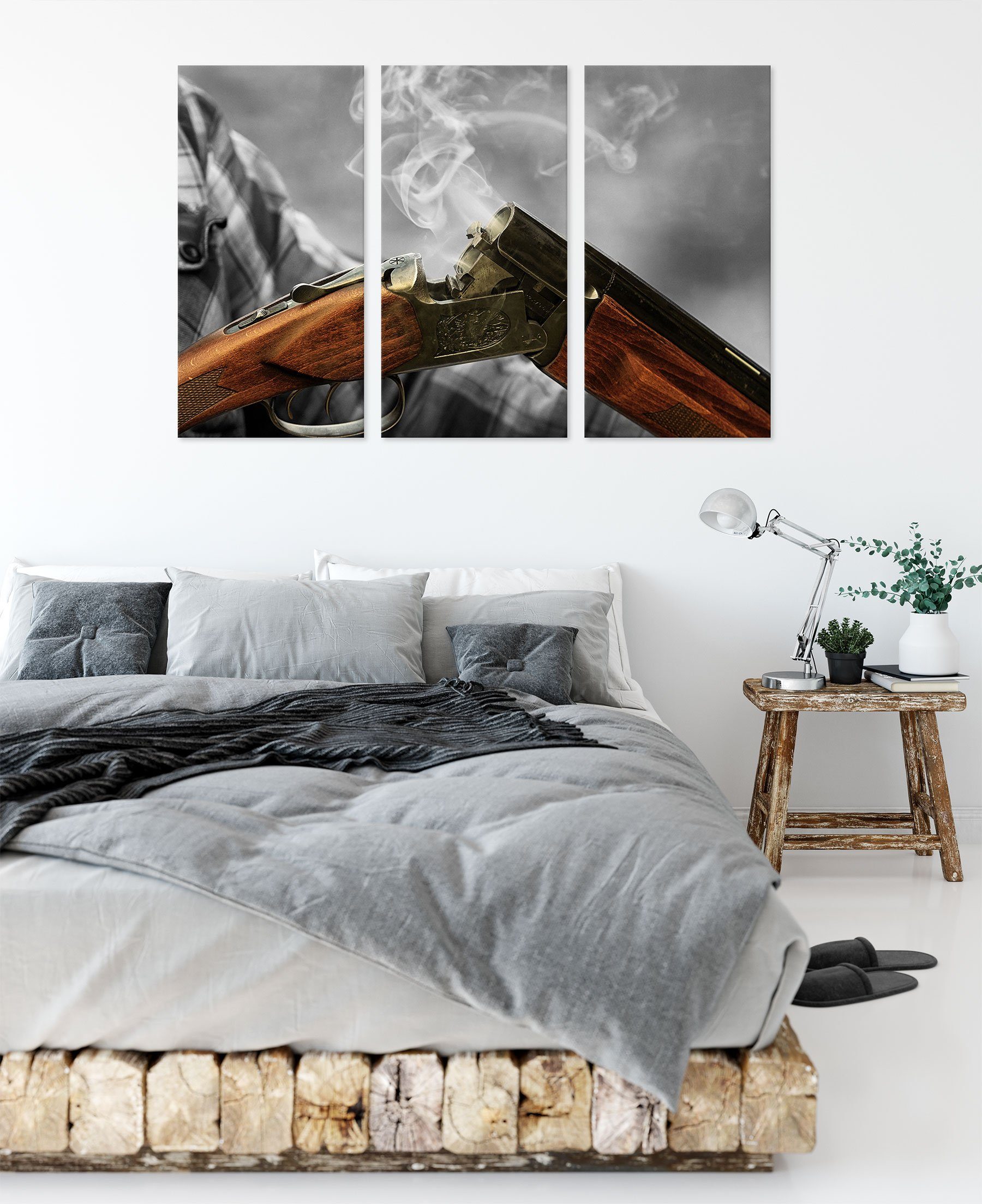 Pixxprint Leinwandbild Jagdgewehr nach dem Brand, Jagdgewehr nach dem Brand 3Teiler (120x80cm) (1 St), Leinwandbild fertig bespannt, inkl. Zackenaufhänger