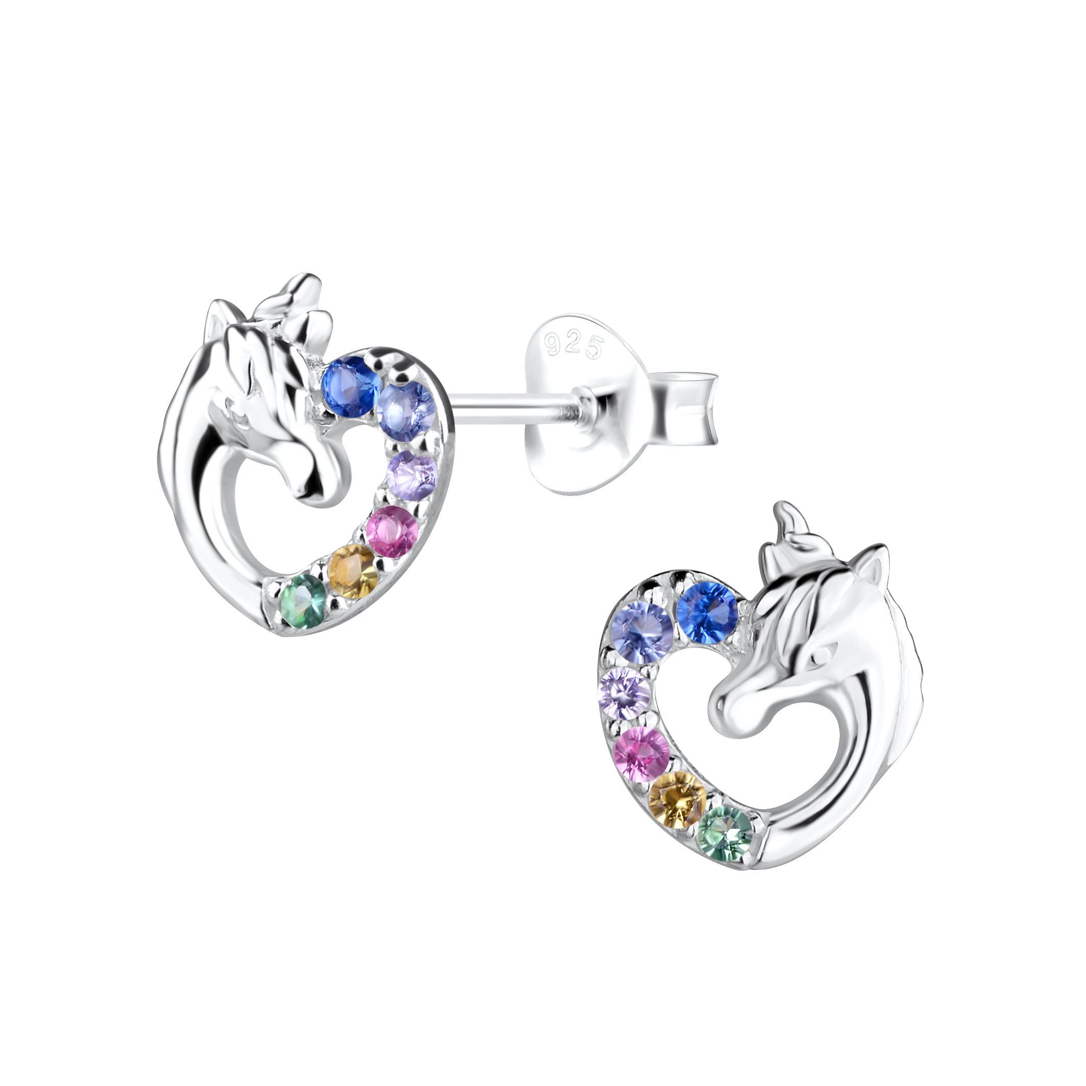 ALEXANDER YORK Paar Ohrstecker EINHORN HERZ Rainbow Zirkonia, 2-tlg., 925 Sterling Silber