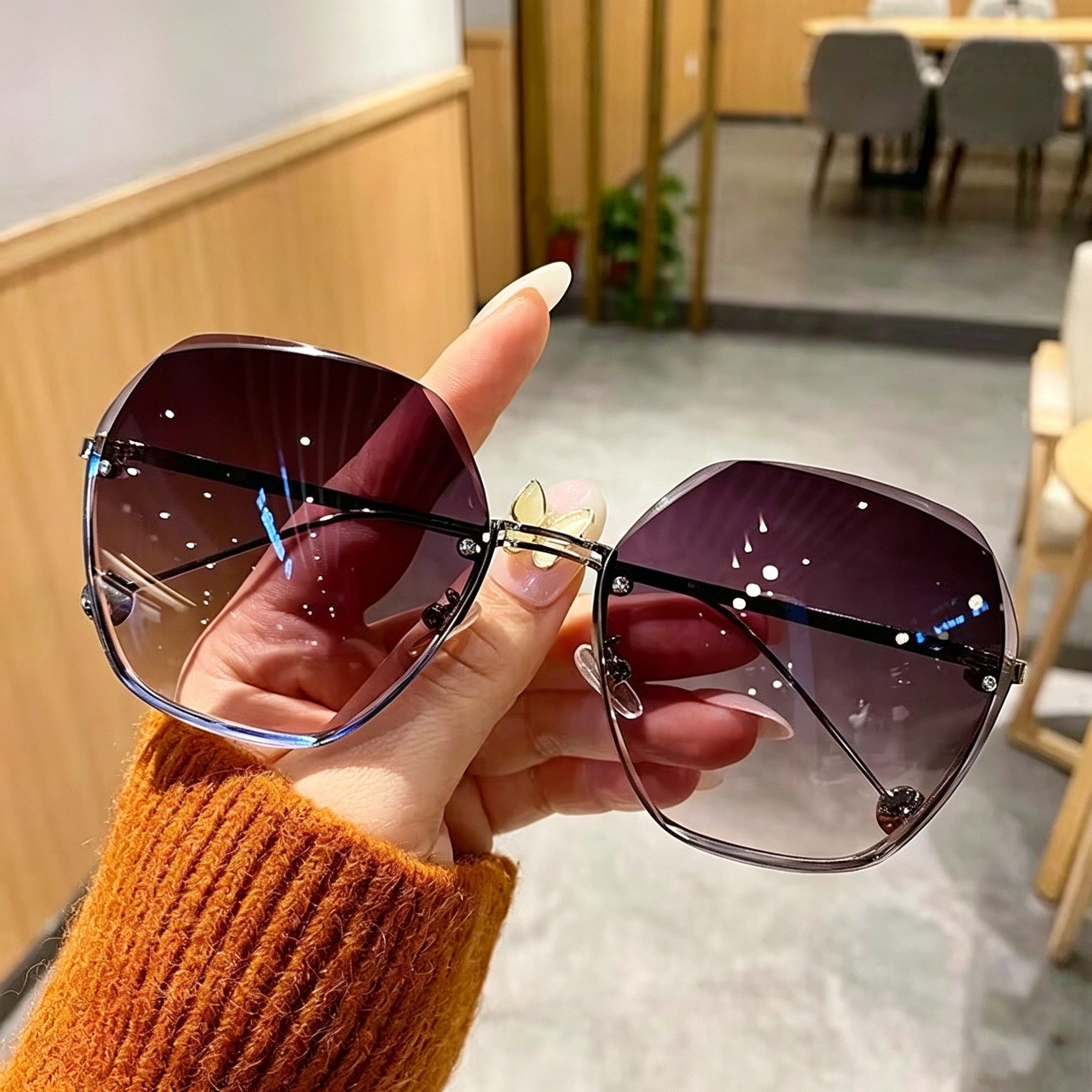 ibettertec Sonnenbrille Sonnenbrille Sonnenbrille Damen Rahmenlose mit Diamant Schliff UV 400 (Set, Aufbewahrungsbeutel, Mikrofasertuch, Brillenetui, Sonnenbrille) Transparent Farbverlauf Gläser Brille Outdoor Reisen
