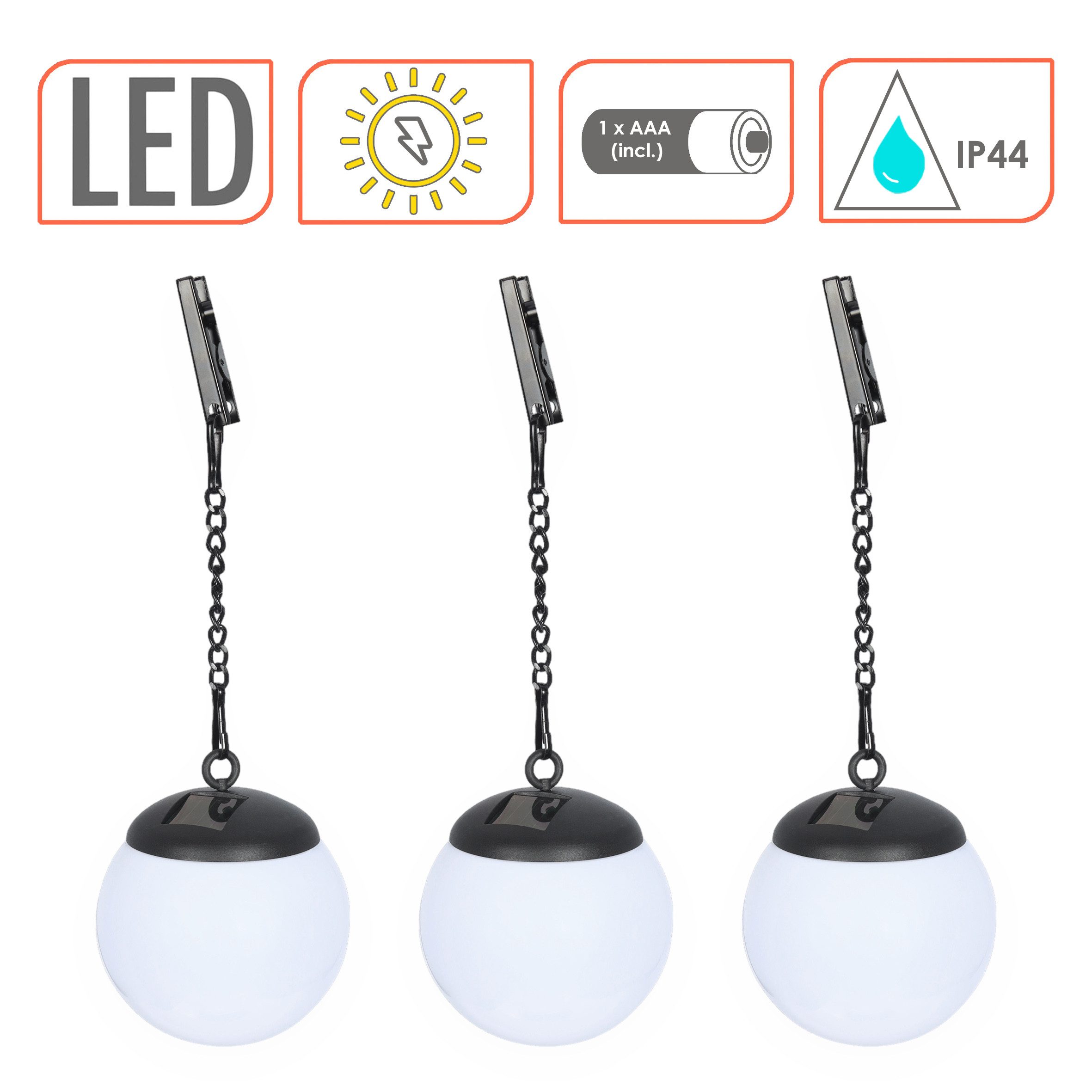 Spetebo LED Solarleuchte Leuchtkugel weiß zum Hängen 29 x 10 cm, 3er Set, LED fest integriert, warm weiß, mit IP44 Spritzwasserschutz