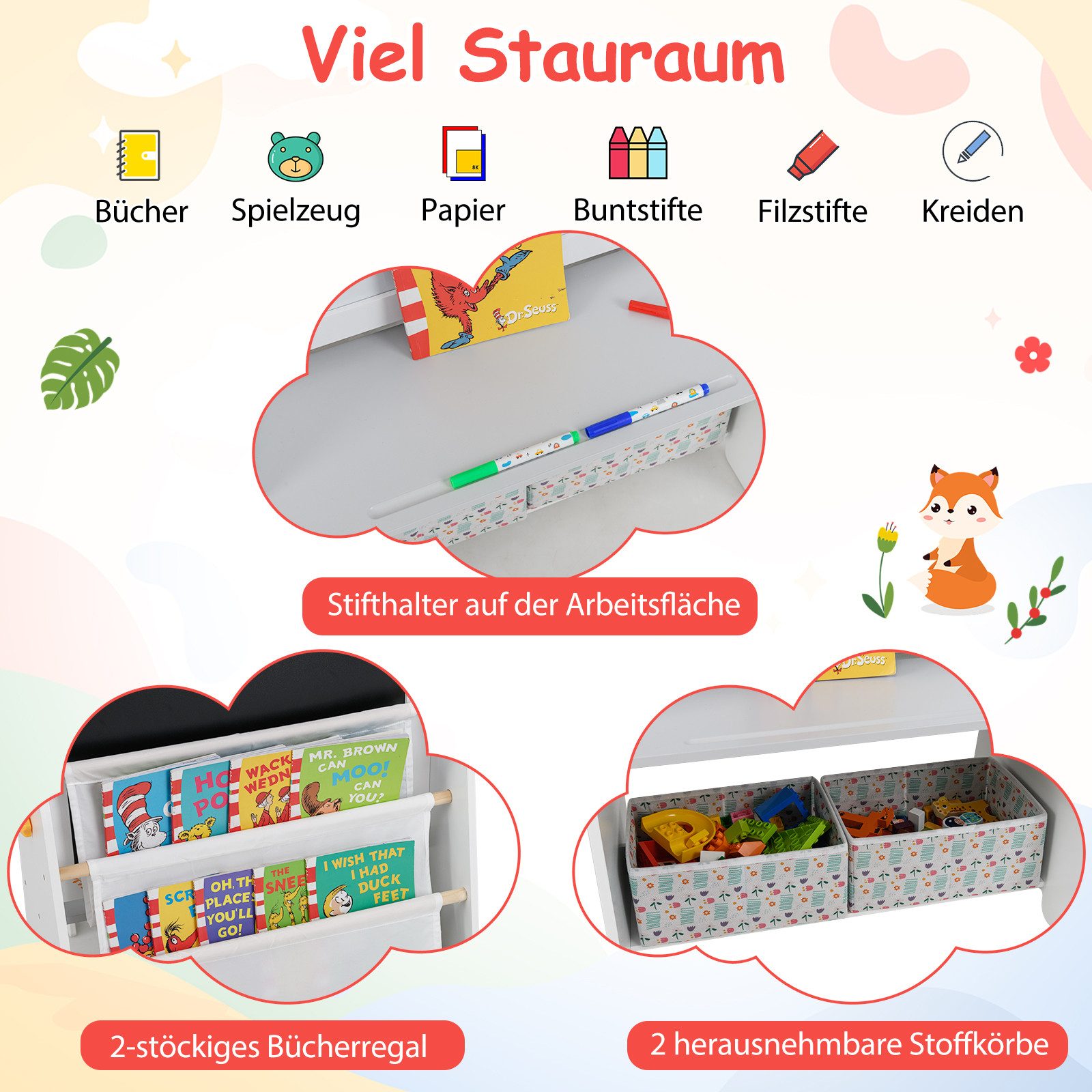 COSTWAY Kindersitzgruppe, (2-tlg), Kindertisch mit 2 Stühlen, 4-in-1 Kunststaffelei