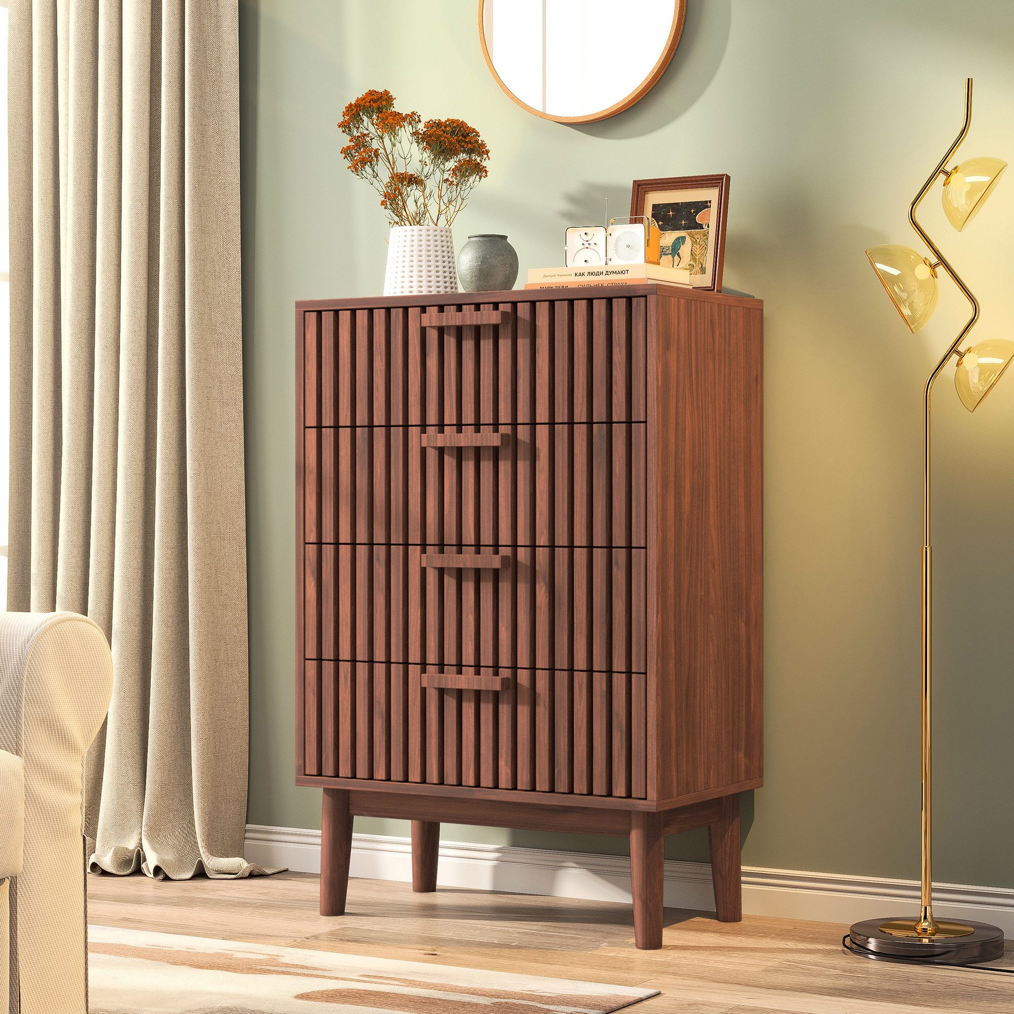 zebery Kommode Sideboard Buffetschrank aus Holz, Holzbeine (Set, 1 St., Highboard mit 4 Stauraum Schubladen), für Schlafzimmer, Wohnzimmer, Flur, 60x34x91cm, Walnuss