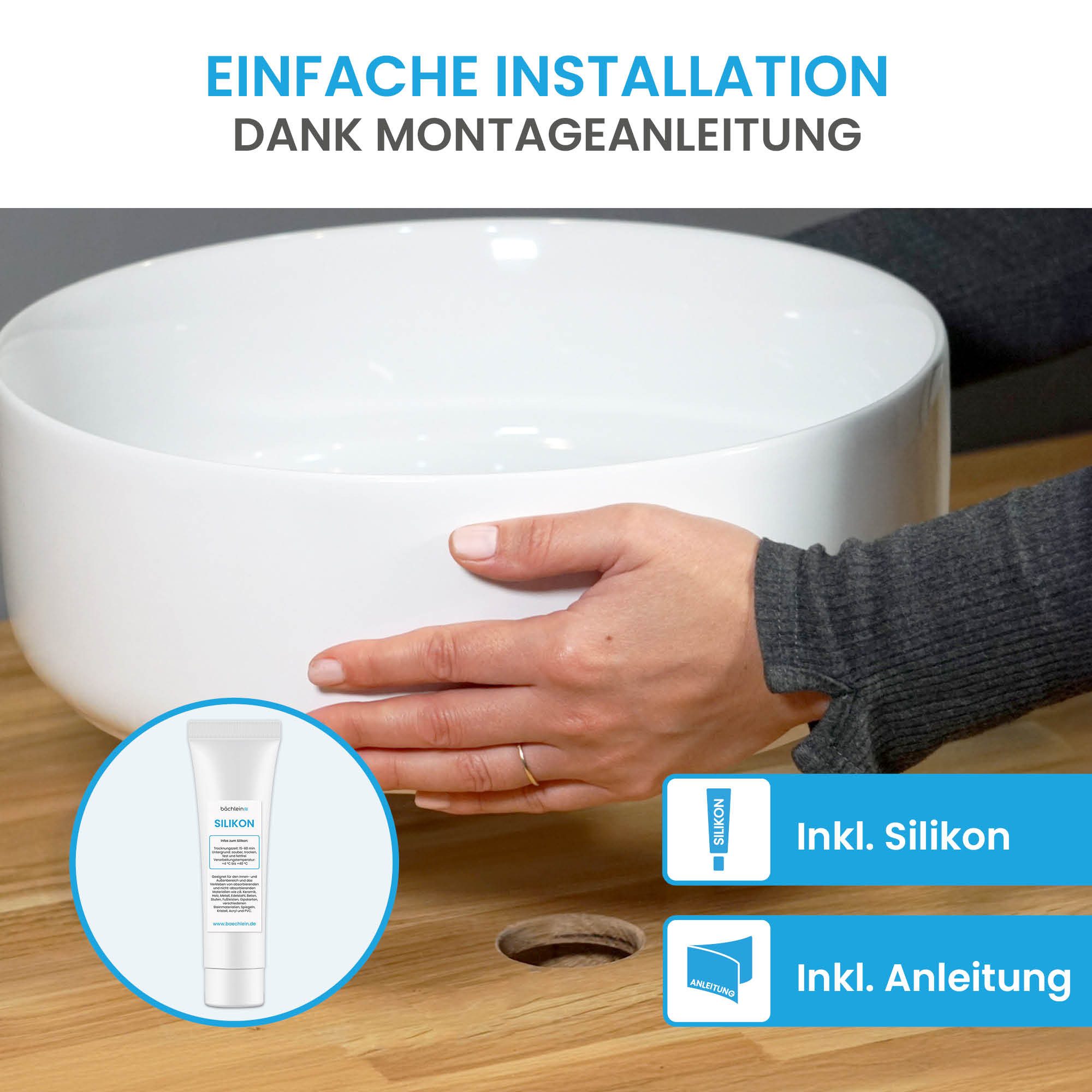 Bächlein Aufsatzwaschbecken rundes Waschbecken Tamula, schmutzabweisende Oberfläche, besonders robust und schmutzabweisend