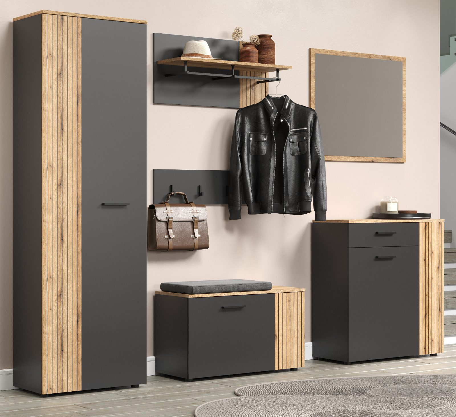 Furn.Design Garderoben-Set Avila, (in grau/Anthrazit mit Evoke Eiche Staboptik, Komplett-Set 6-teilig), variable Inneneinteilung