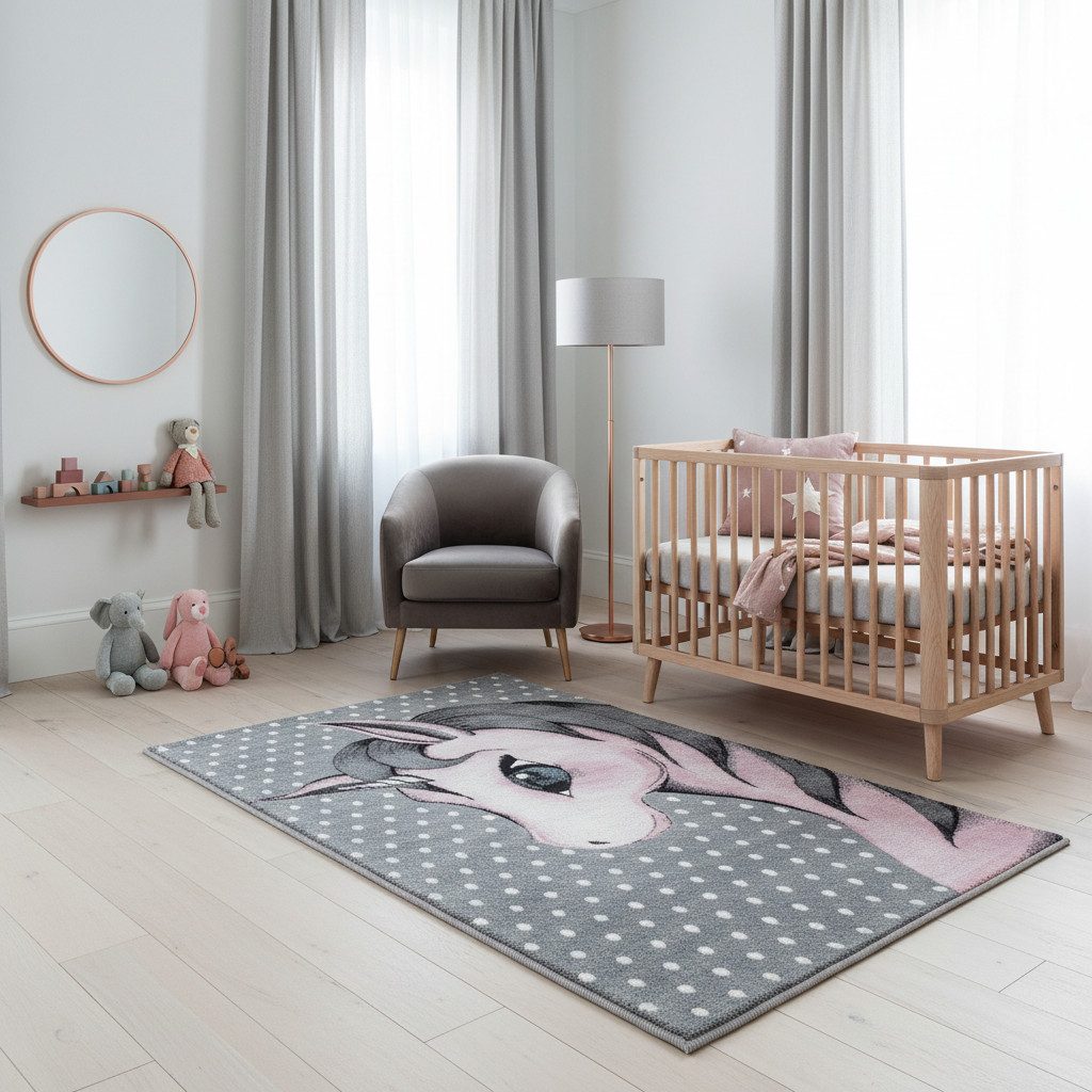 KADIMA DESIGN Kinderteppich TASNA Spielteppich Kinderzimmer Waschbar Strapazierfähig, Läufer, Höhe: 13 mm, 80x150 cm, Fußbodenheizung Kurzflorteppich Einhorn Waschbar