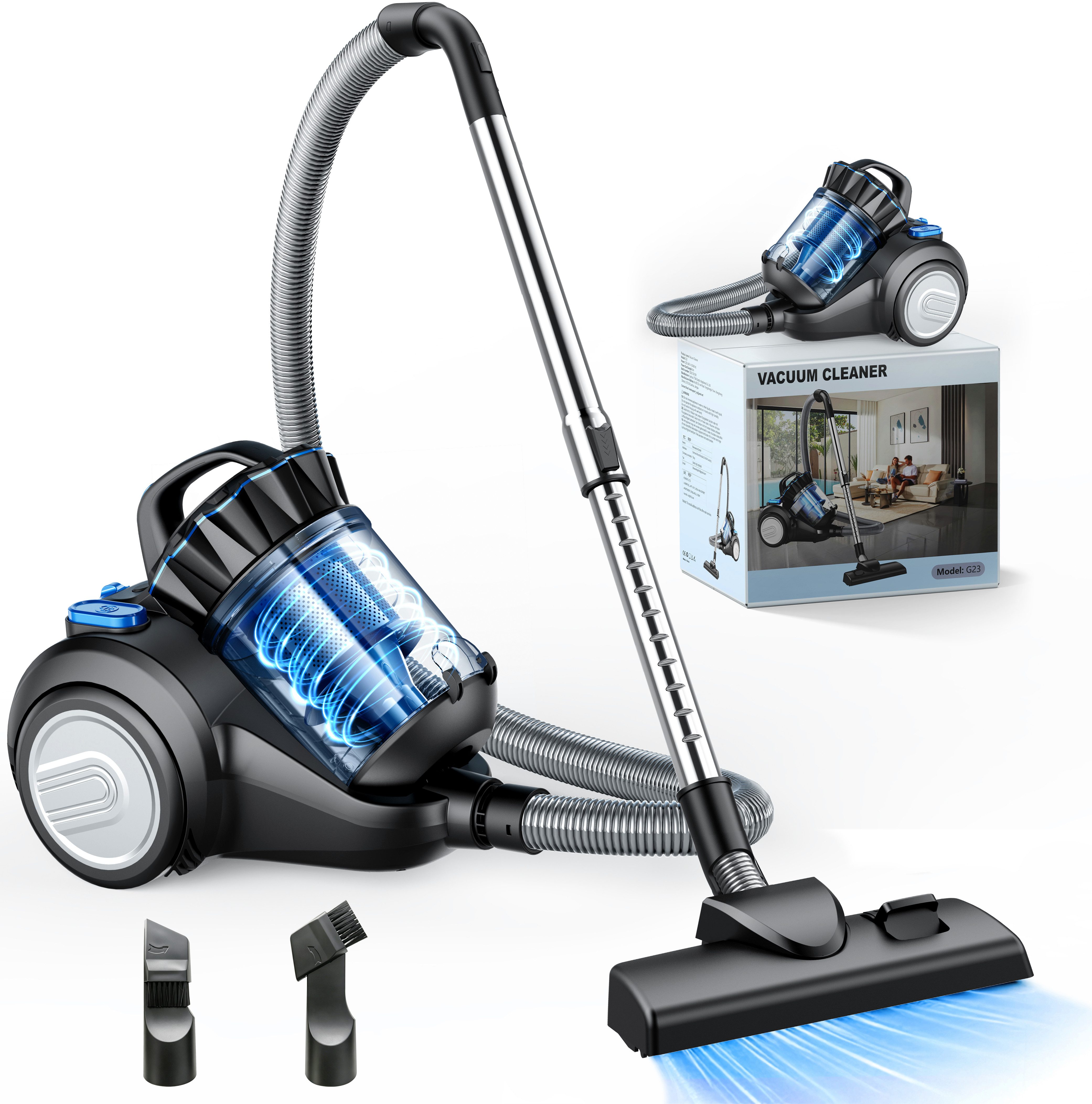 ibettertec Bodenstaubsauger staubsauger beutellos, Hygiene-Filter, hohe Saugkraft, 900 W, kompakt für Hartboden/Teppich, Turbodüse, Polsterdüse, 6m langes Kabel