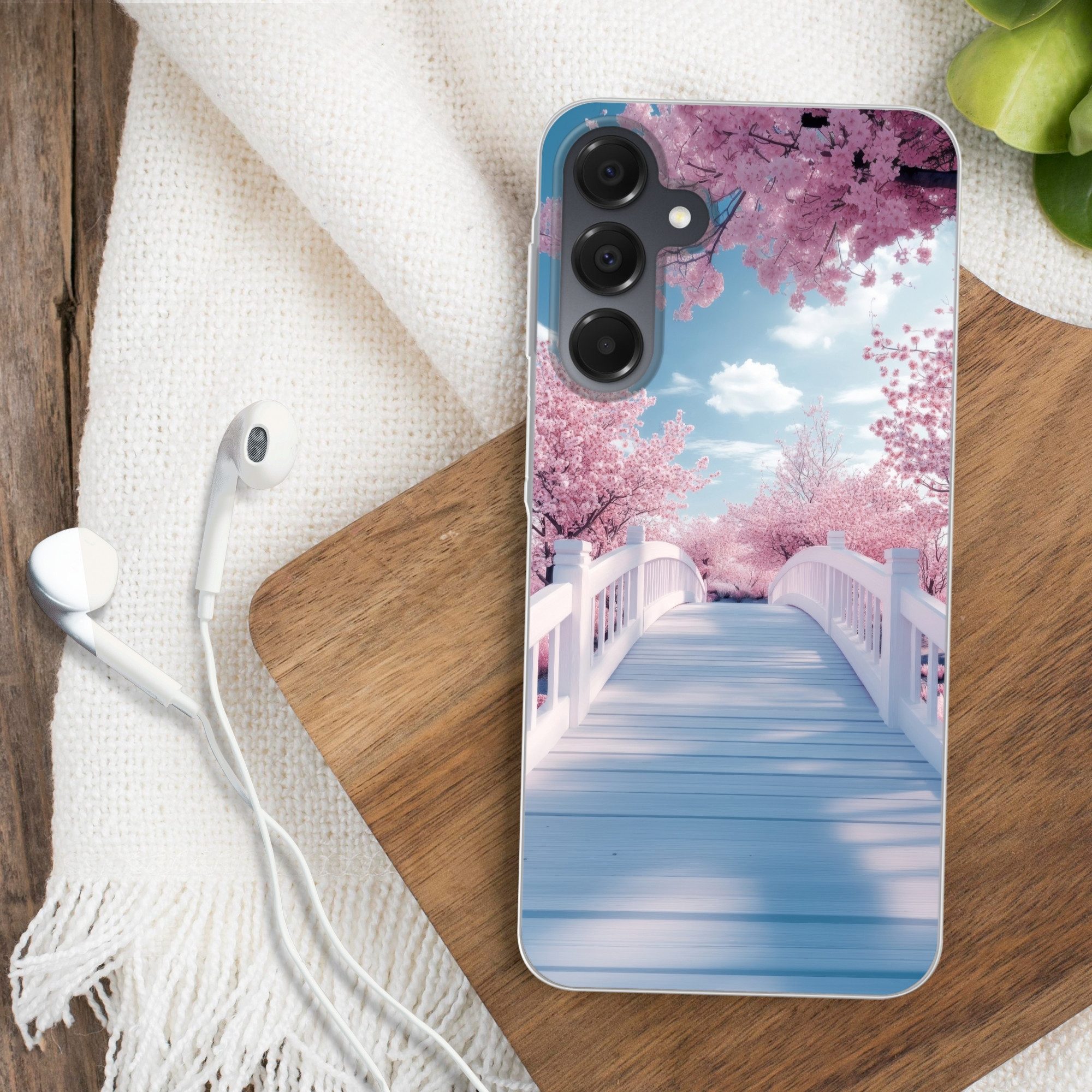 MuchoWow Handyhülle für Samsung Galaxy A16 5G Brücke - Kirschbäume - Weiß, Phone Case, Silikon, Schutzhülle Dünn