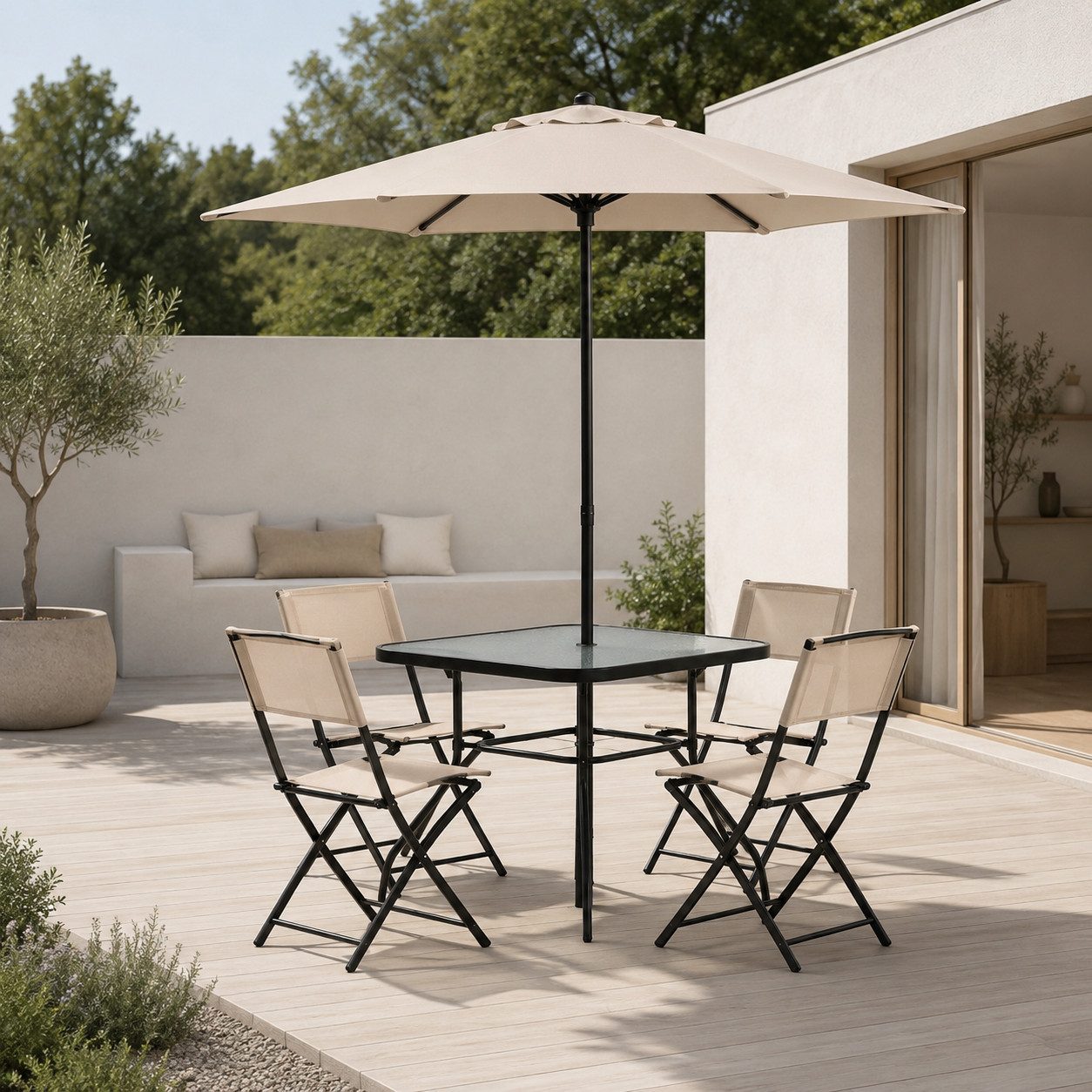Home Collective Gartenlounge-Set Balkonmöbel Essgruppe Möbel Outdoor Terrassenmöbel mit Sonnenschirm, (6-teiliges Set mit 4 Klappstühlen, 1 Tisch und 1 Sonnenschirm), beschichtetes Metall, Tischplatte aus Strukturglas, Beige/Schwarz